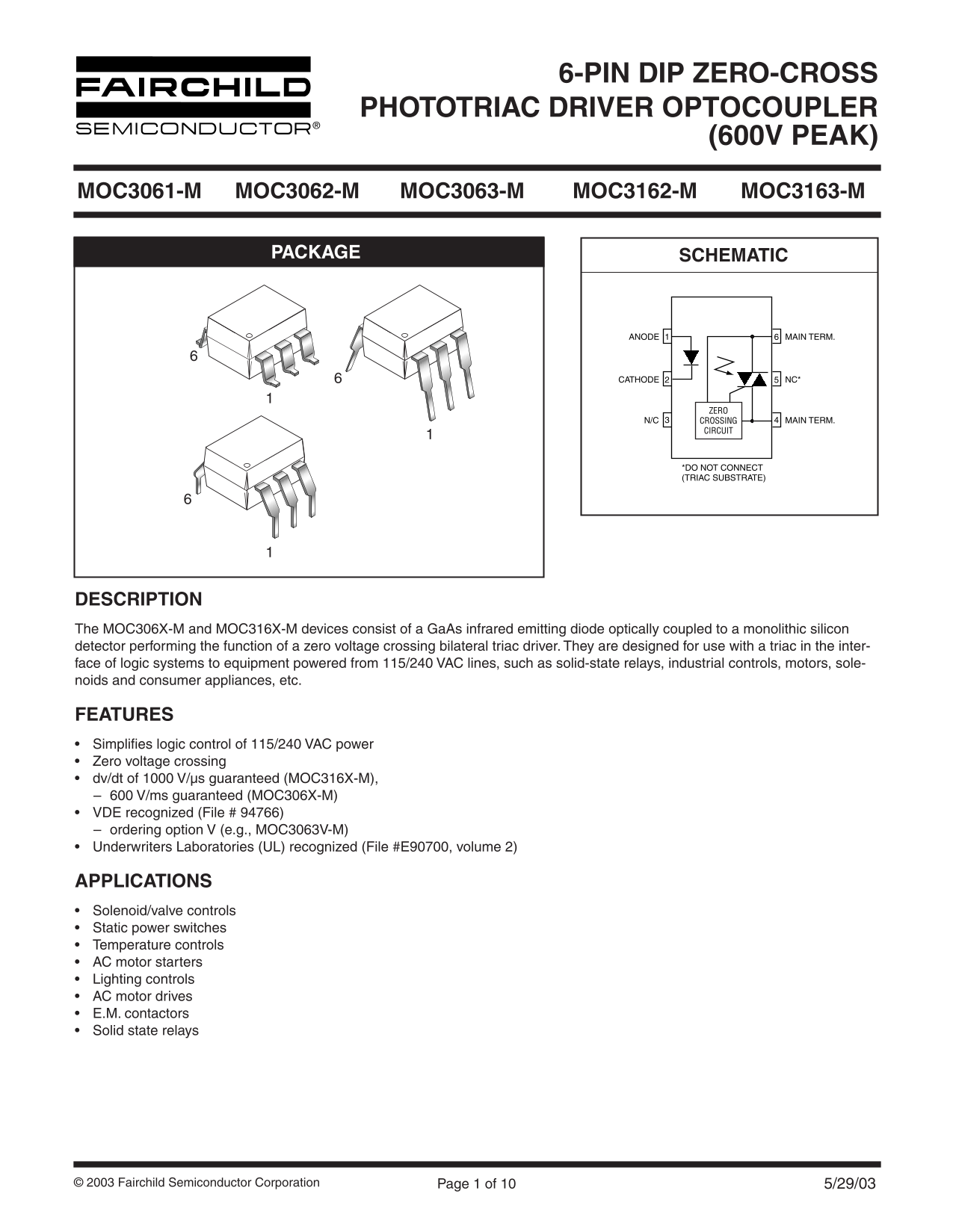 Data Handbook for Fairchild MOC3061-M, MOC3062-M, MOC3063-M, MOC3162-M, MOC3163-M - Page 1