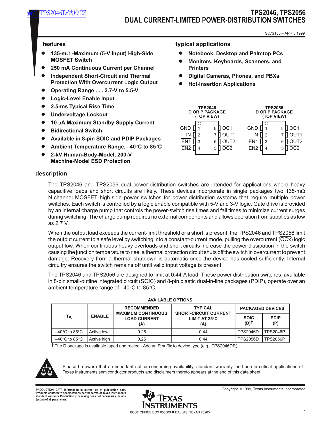 Texas Instruments TPS2046, TPS2056 Dual Current-Limited Power-Distribution Switches User Manual - Page 1