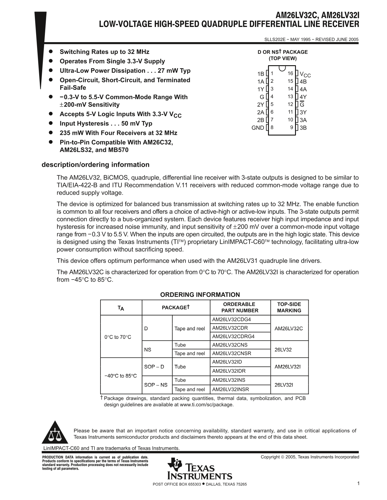 Texas Instruments AM26LV32C, AM26LV32I Data Handbook & Specifications - Page 1