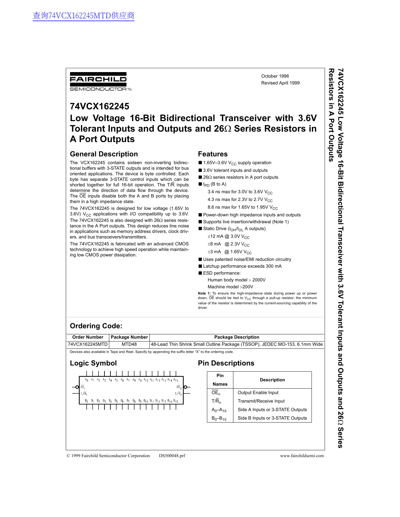 Fairchild 74VCX162245 Data Handbook - Page 1