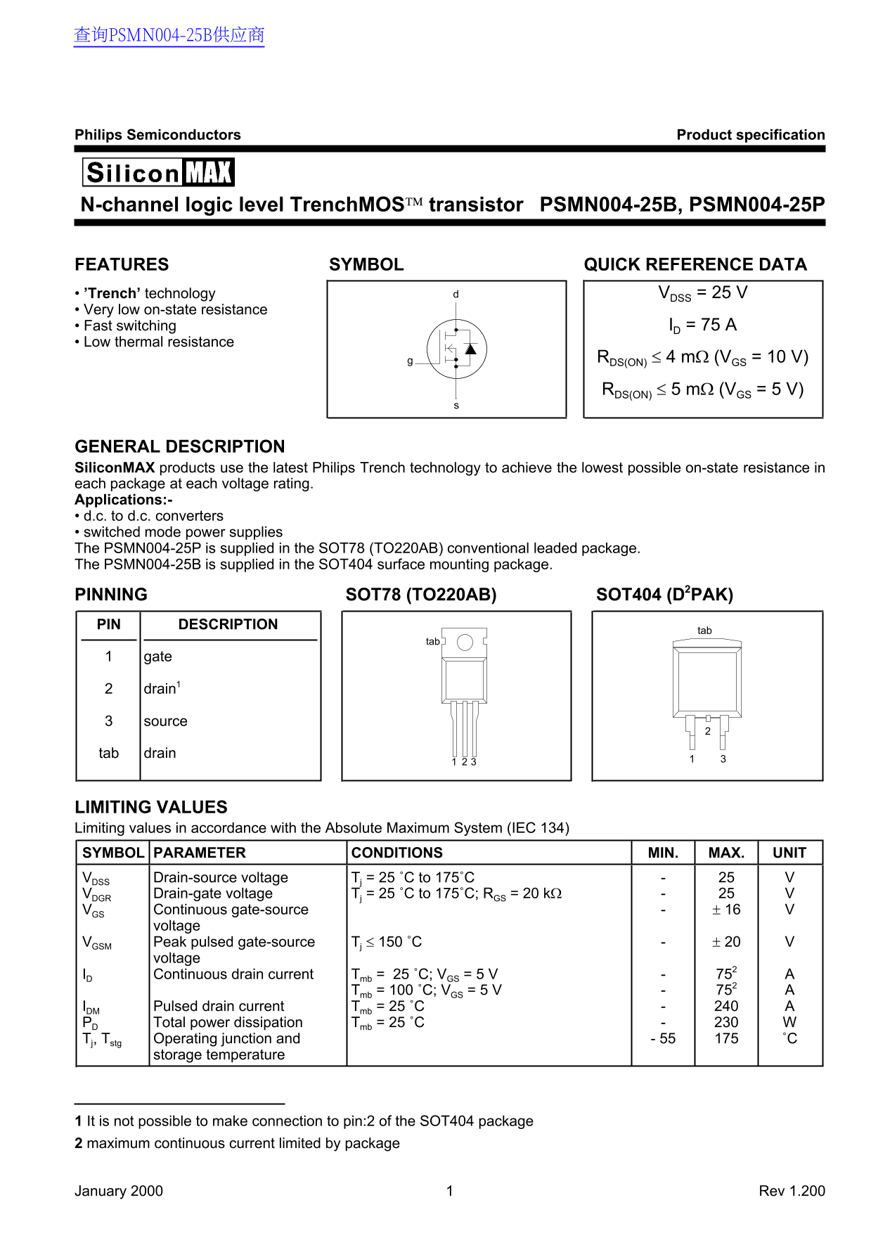 Philips Semiconductors PSMN004-25B, PSMN004-25P Data Sheet User Manual - Page 1