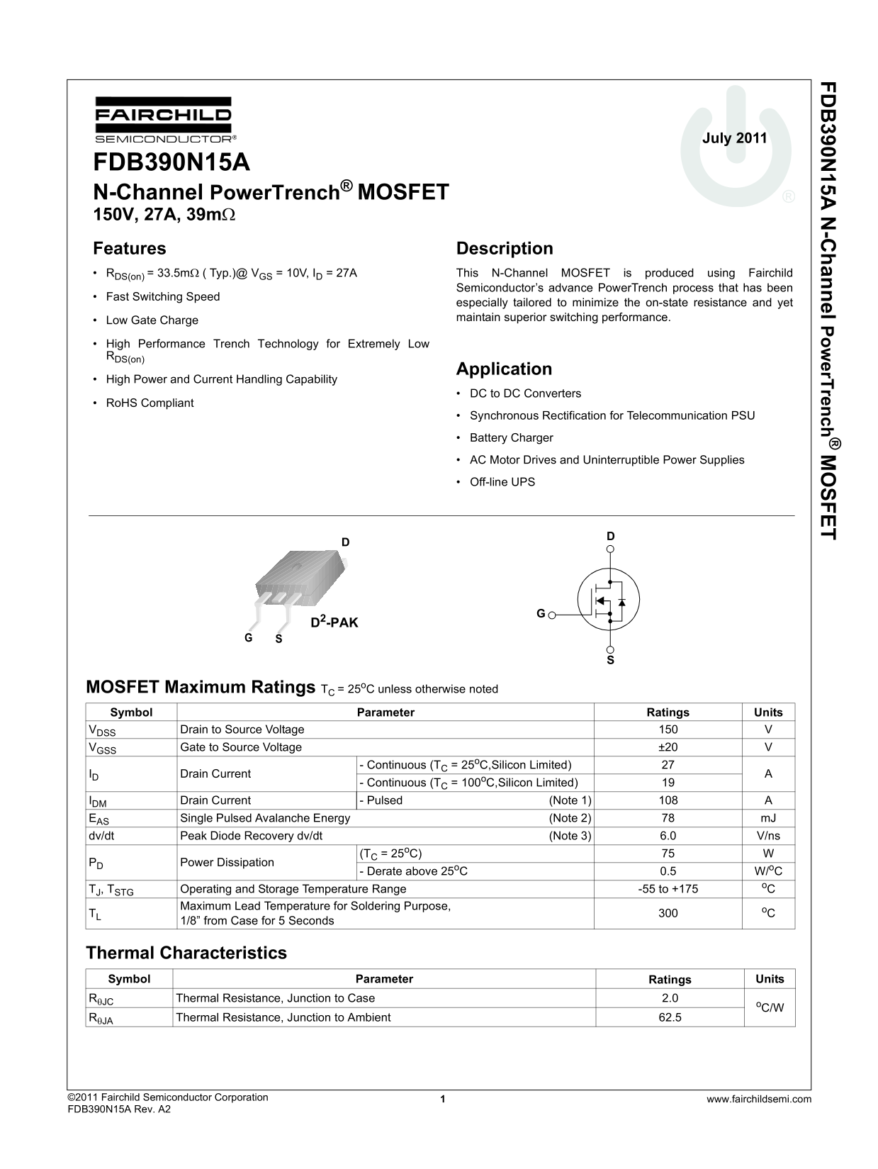 Fairchild FDB390N15A Product Specifications Sheet - Page 1