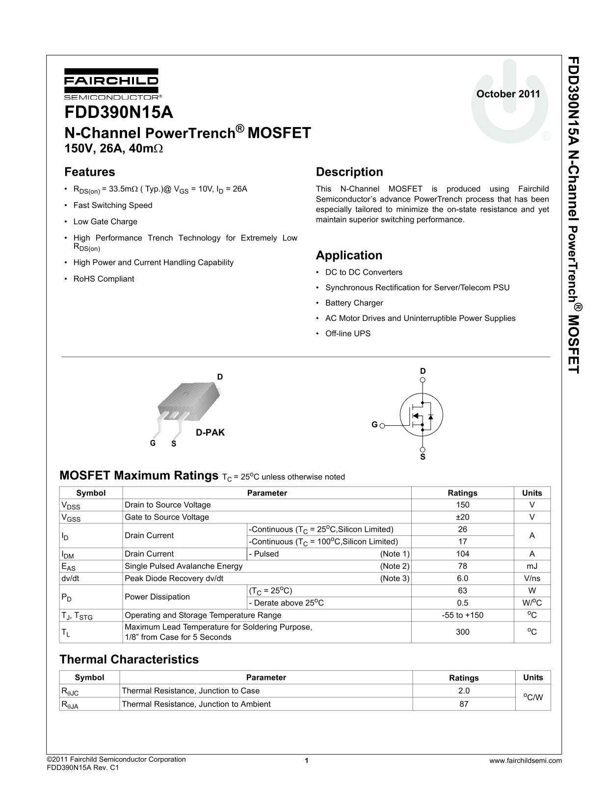 Fairchild FDD390N15A User's Manual - Page 1