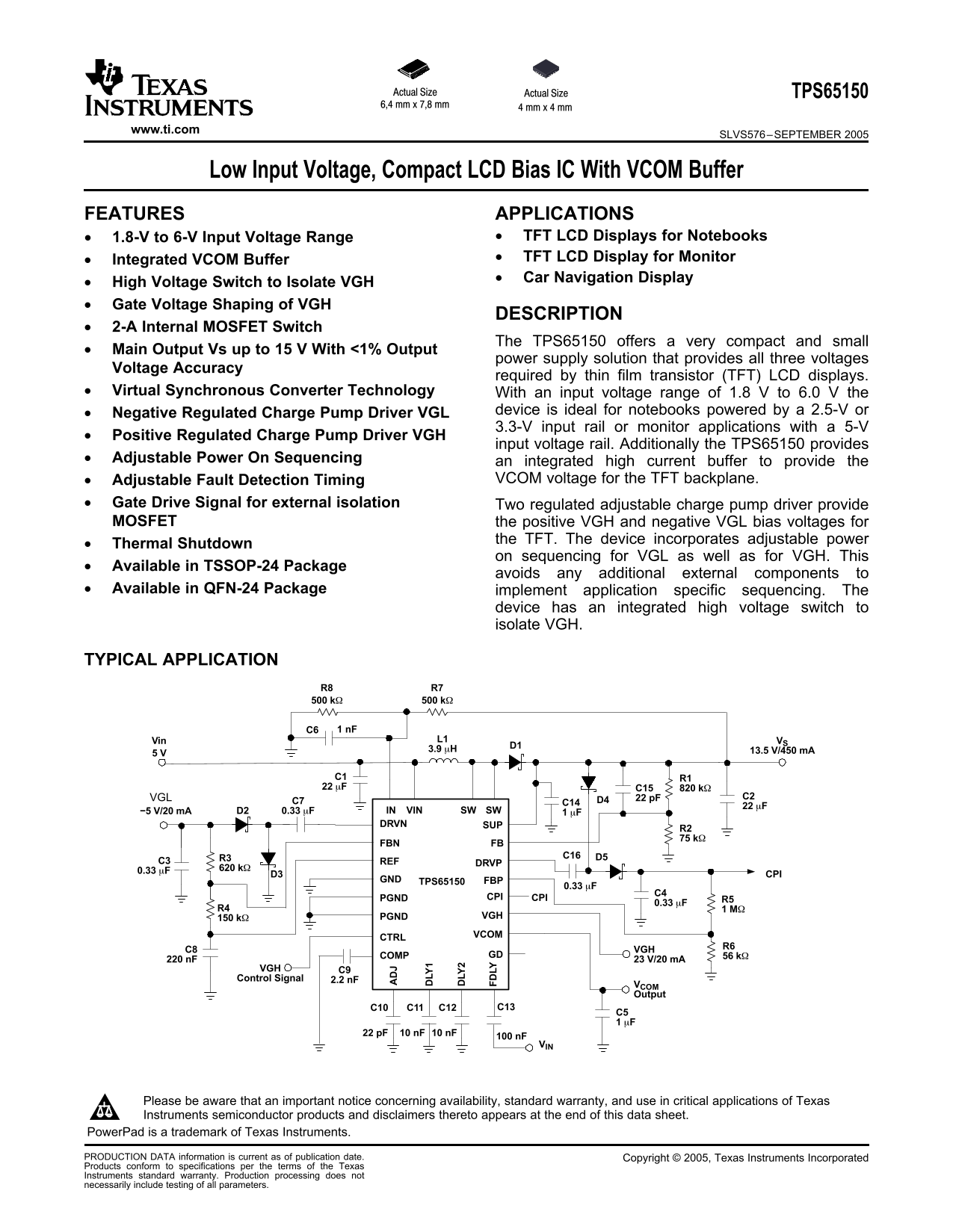 Texas Instruments TPS65150 Data Sheet - Page 1