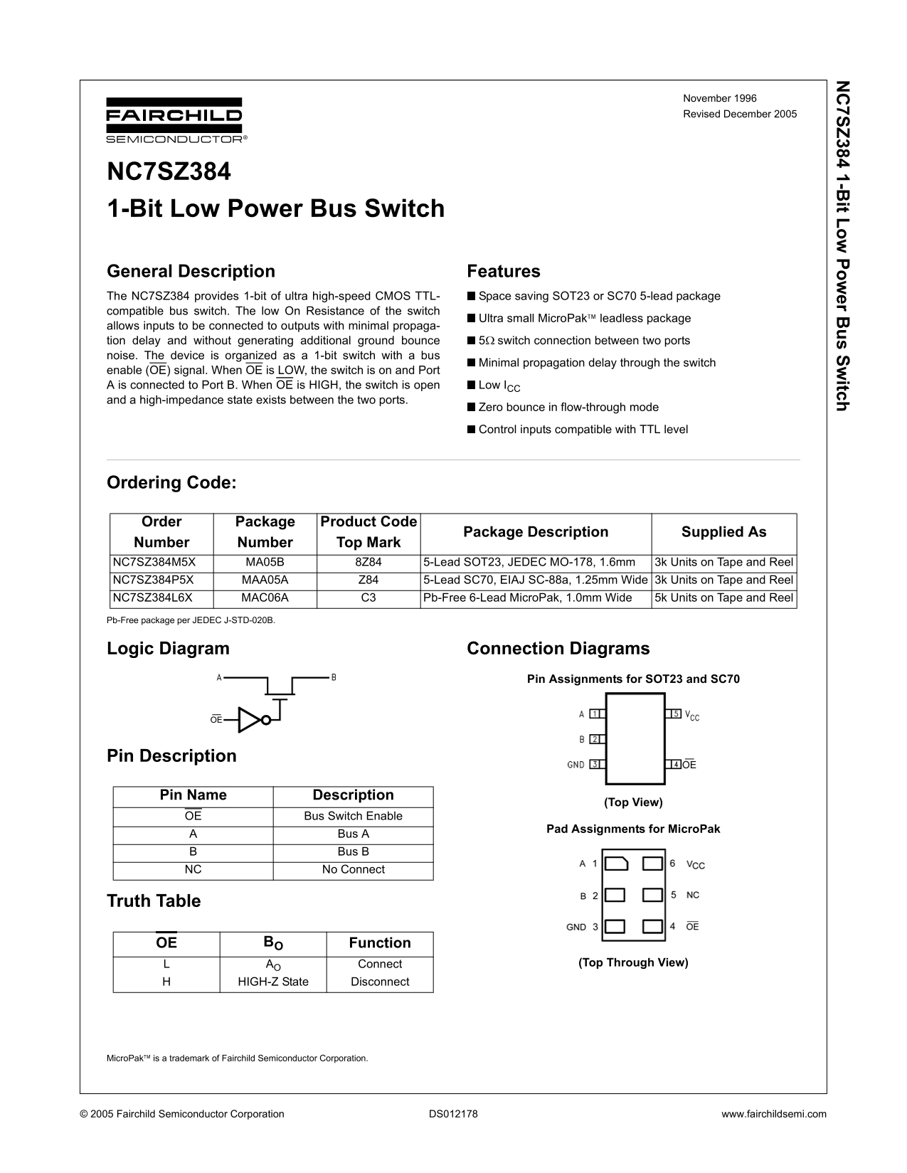 Fairchild NC7SZ384 1-Bit Low Power Bus Switch Data Sheet - Page 1