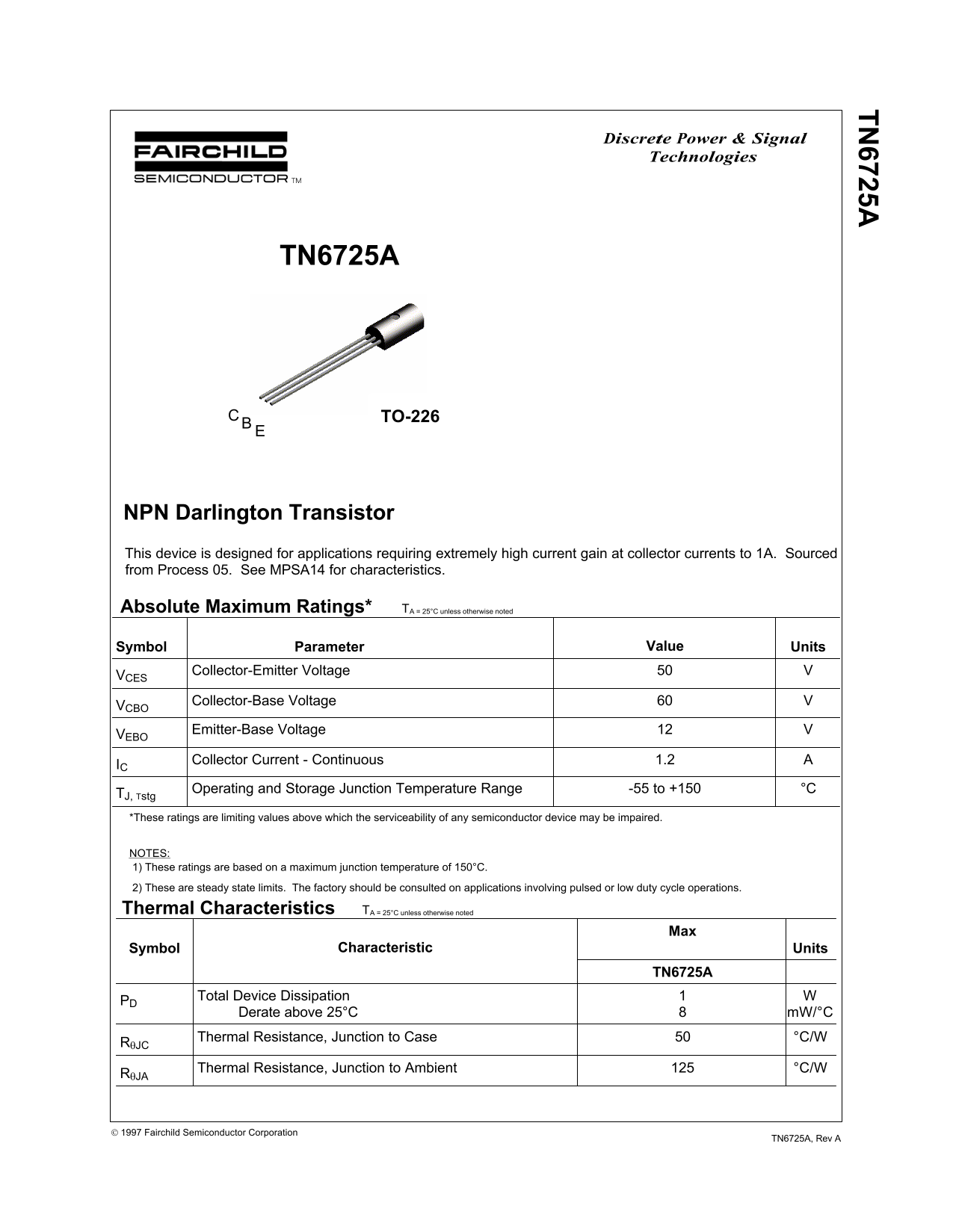FAIRCHILD TN6725A NPN Darlington Transistor User's Manual - Page 1