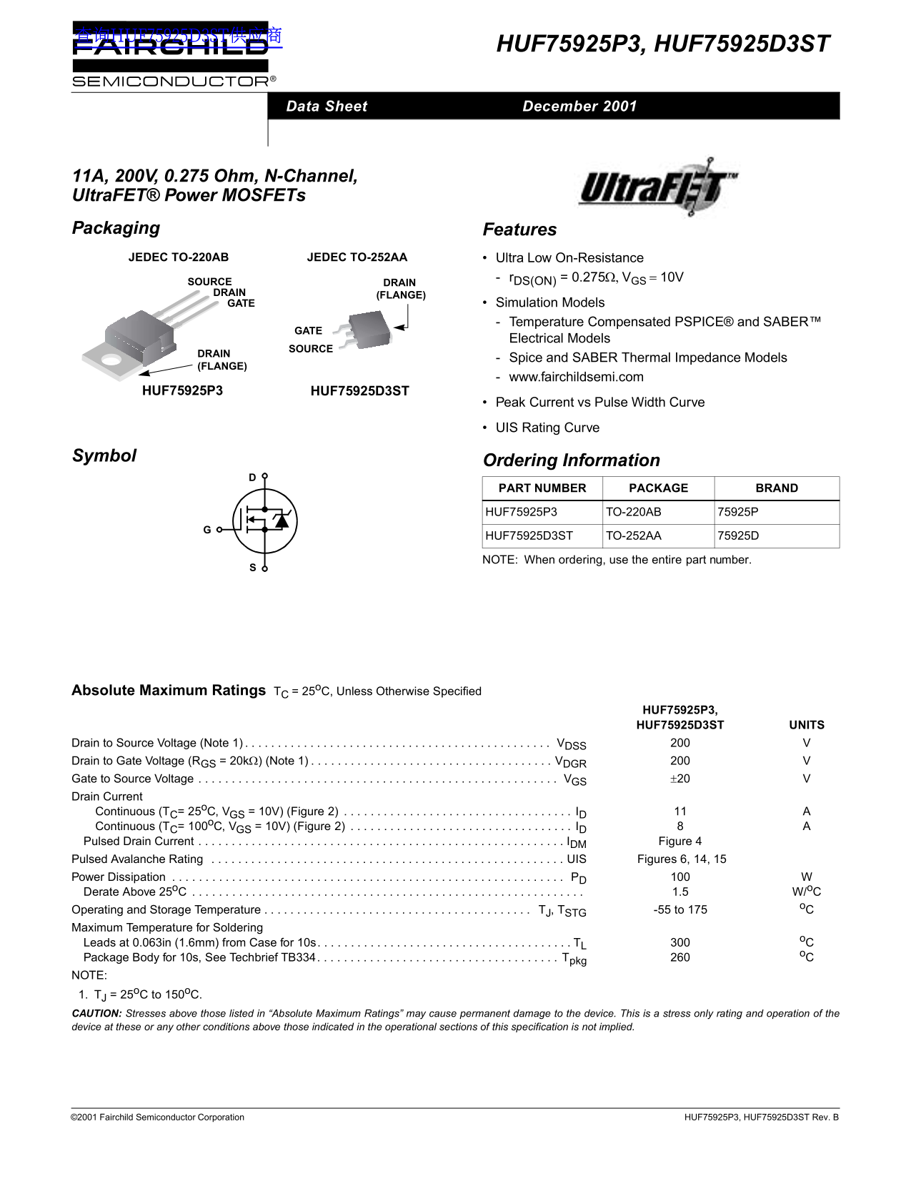 Fairchild HUF75925P3, HUF75925D3ST Data Handbook - Page 1