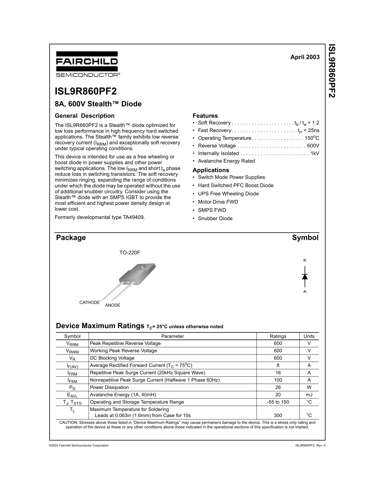 Fairchild ISL9R860PF2 8A, 600V Stealth Diode Data Manual - Page 1