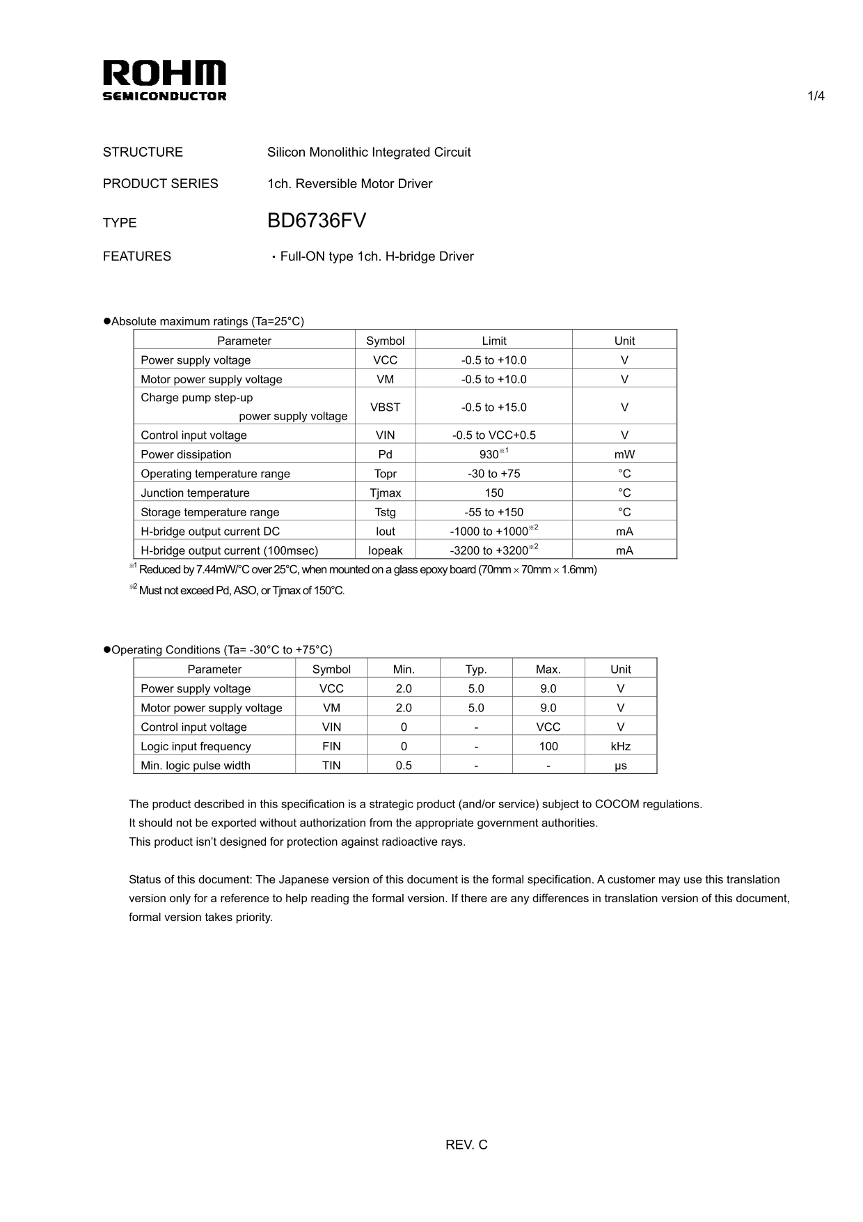 ROHM BD6736FV Data Sheet - Page 1