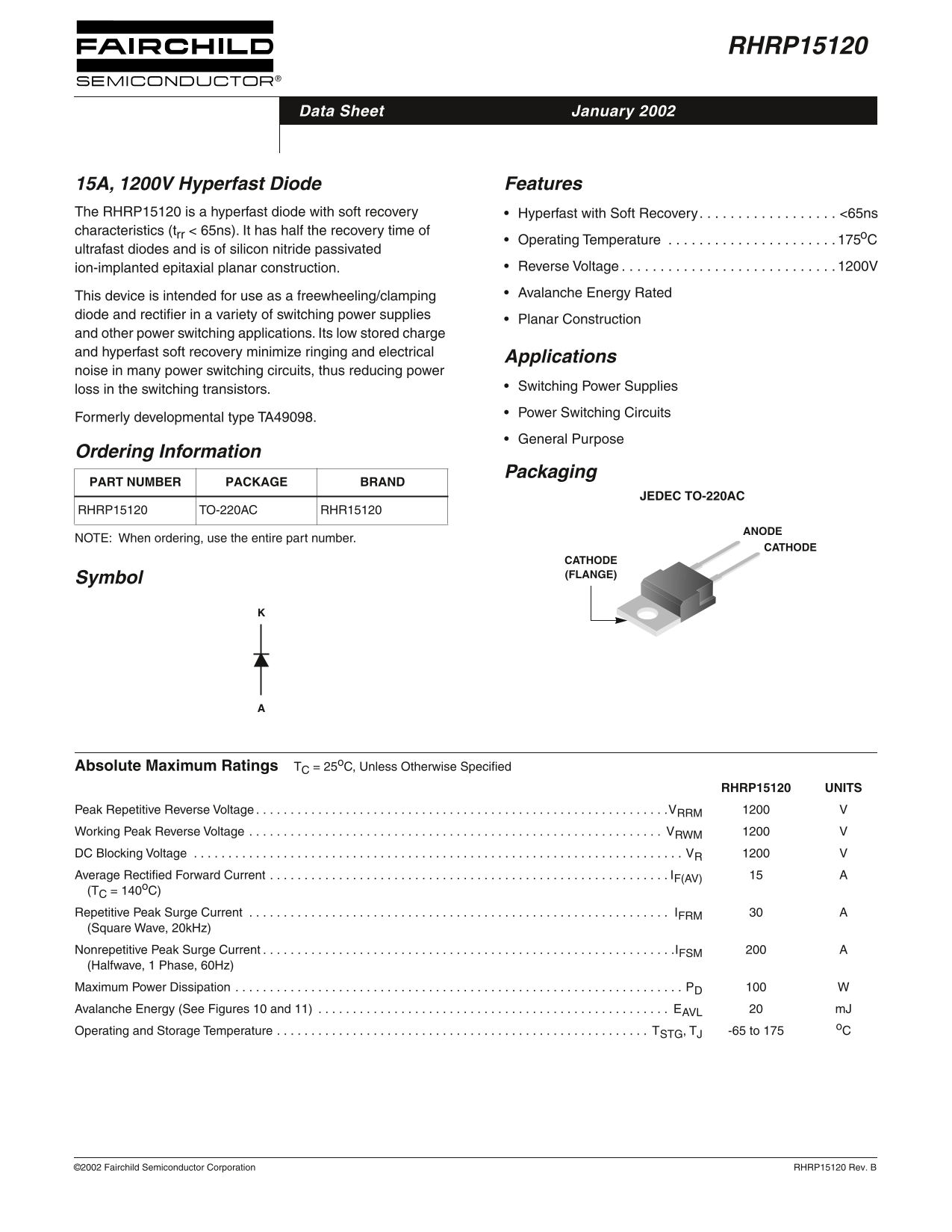 Fairchild RHRP15120 15A, 1200V Hyperfast Diode Data Manual - Page 1