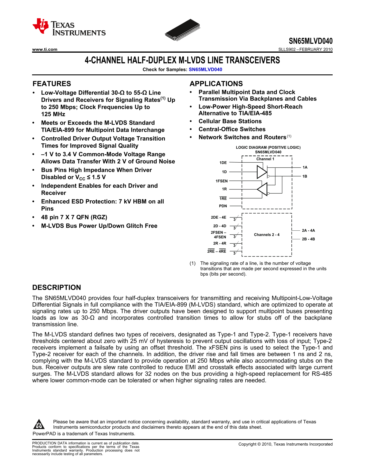 Texas Instruments SN65MLVD040 Data Sheet manual specifications guide - Page 1