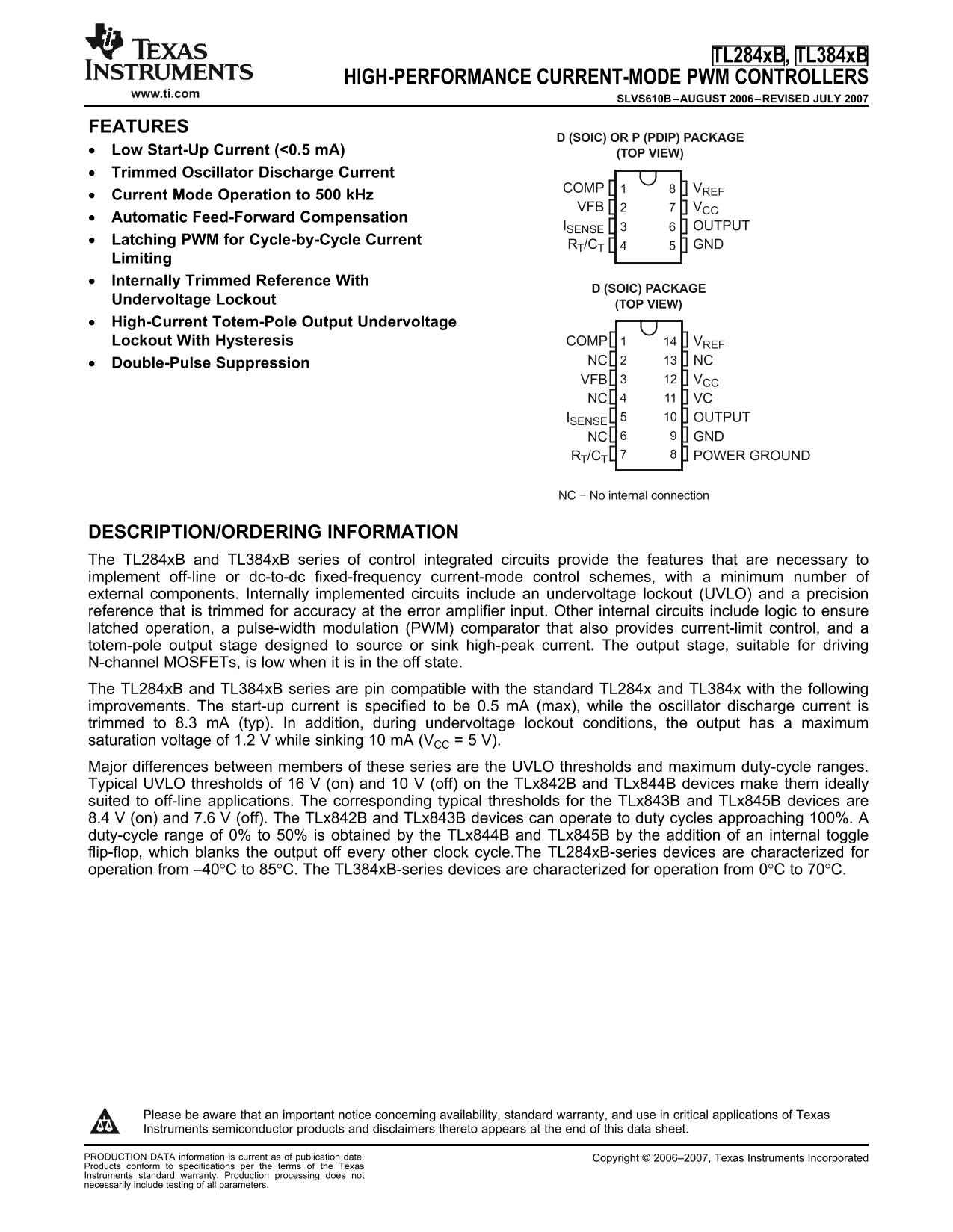 Texas Instruments TL284xB, TL384xB High-Performance Current-Mode PWM Controllers User Manual and Specifications - Page 1
