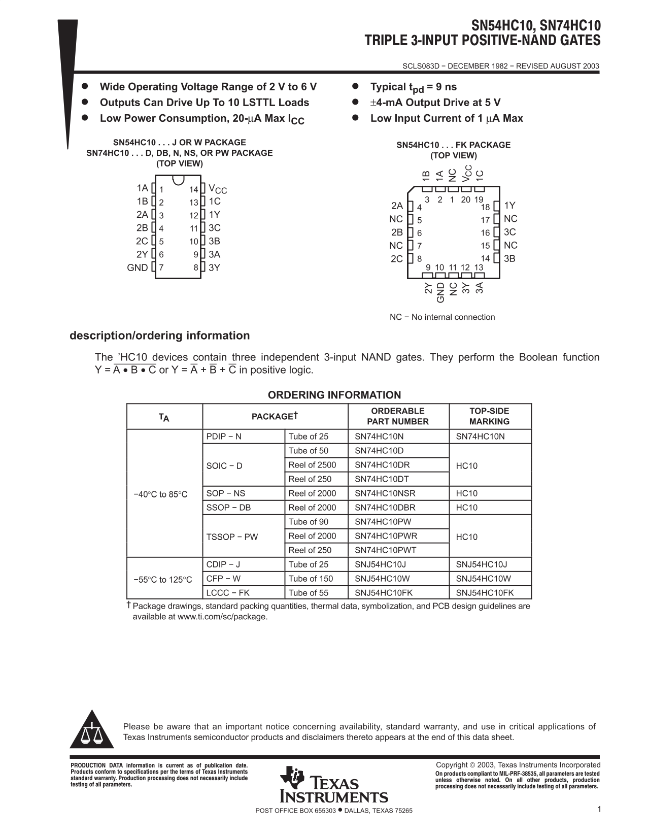 Texas Instruments SN54HC10 Data Sheet - Page 1