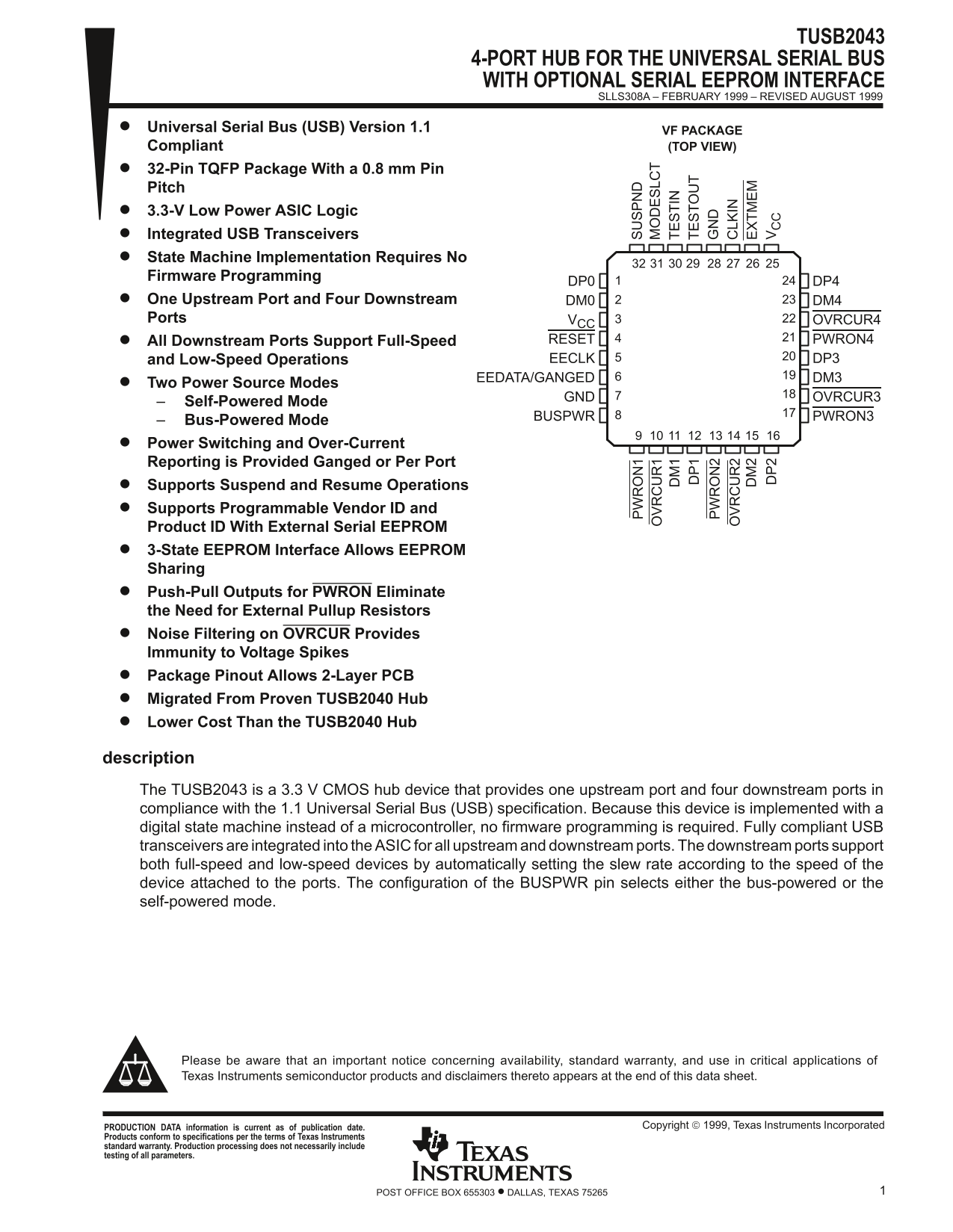 Texas Instruments TUSB2043 4-Port Hub for the Universal Serial Bus with Optional Serial EEPROM Interface - Page 1