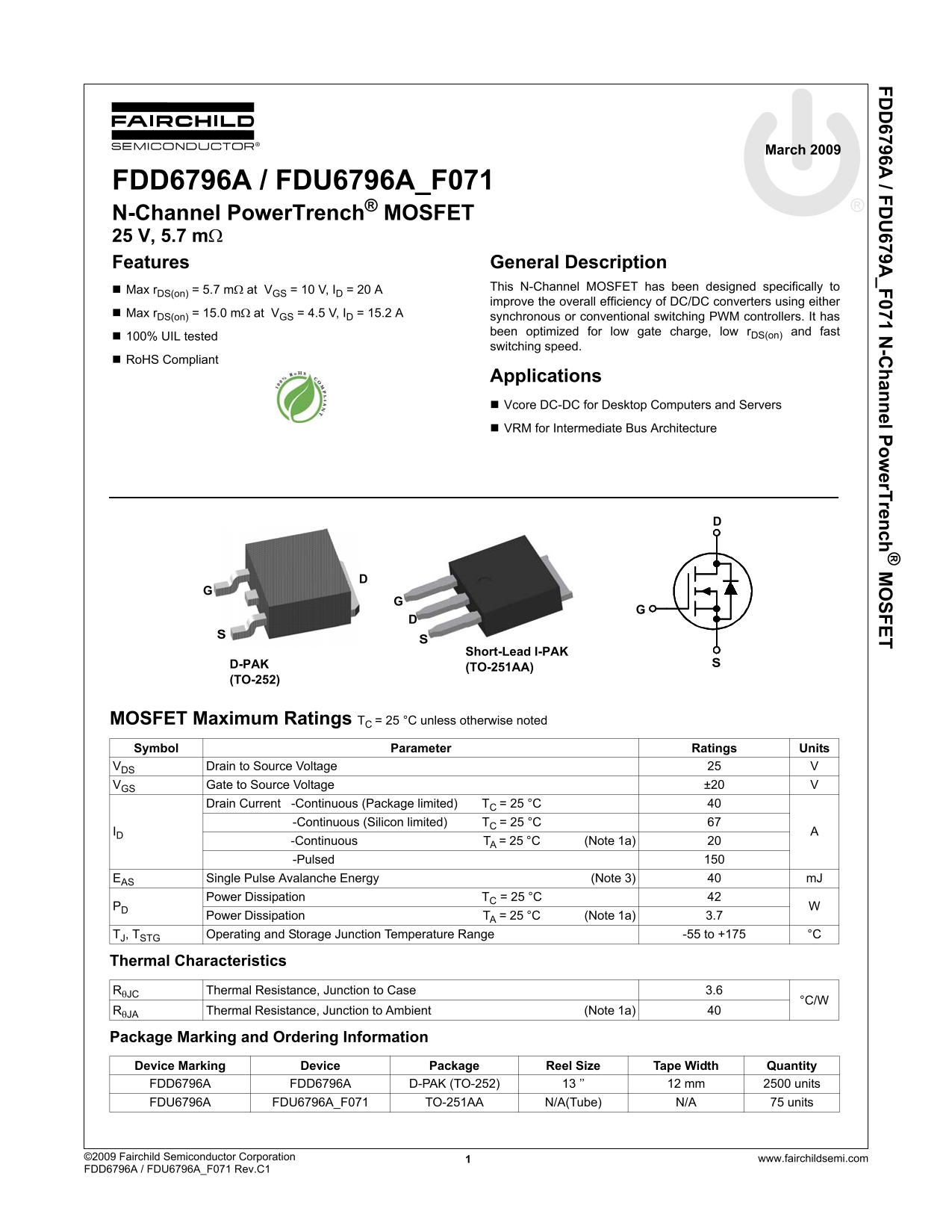 Fairchild FDD6796A FDU6796A_ F071 Specifications - Page 1