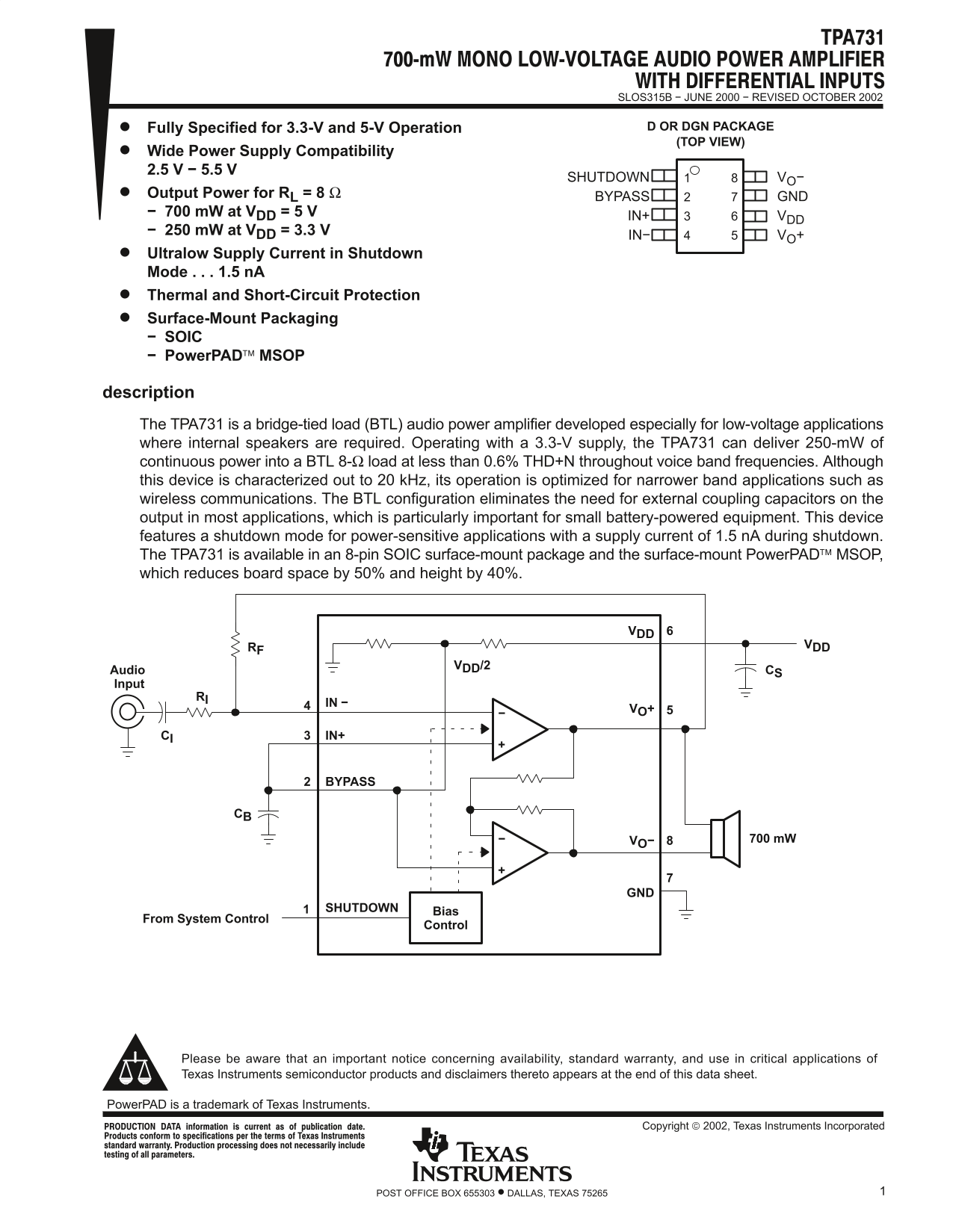 Texas Instruments TPA731 Data Sheet - Page 1