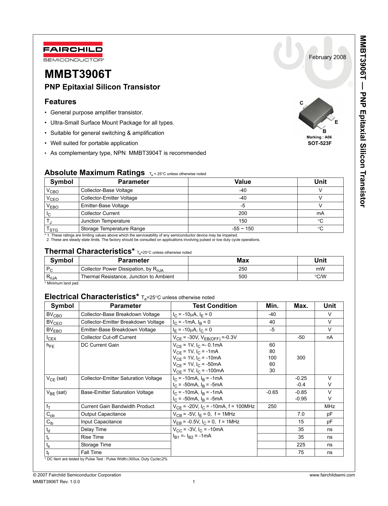Fairchild MMBT3906T PNP Epitaxial Silicon Transistor Data Manual - Page 1