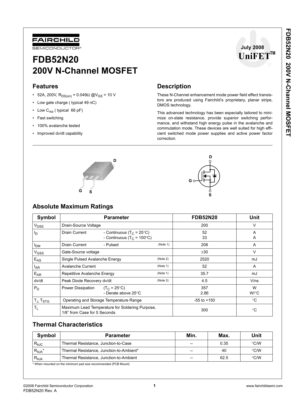 Fairchild FDB52N20 Datasheet - Page 1