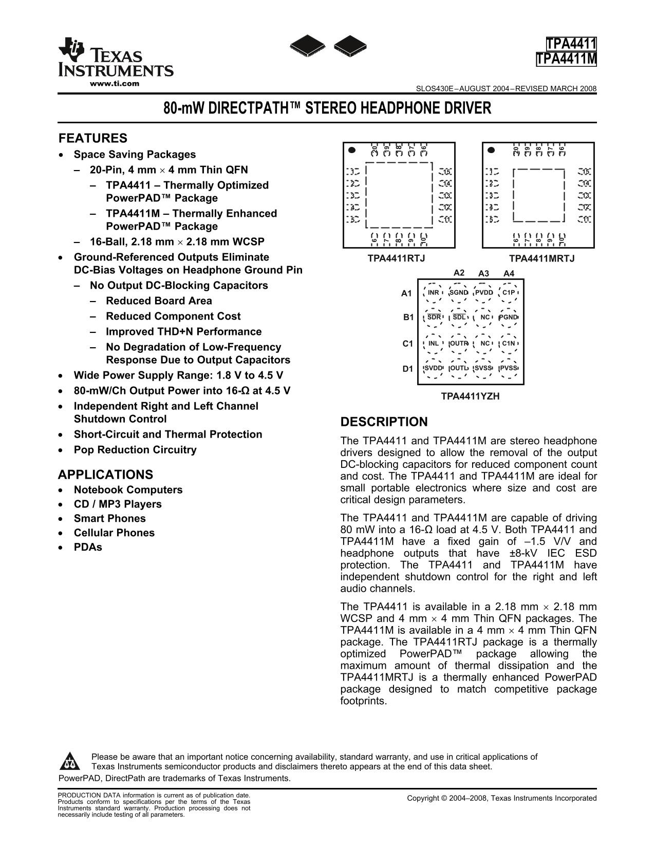 Texas Instruments TPA4411 TPA4411M 80-mW DirectPath Stereo Headphone Driver Data Sheet Manual - Page 1