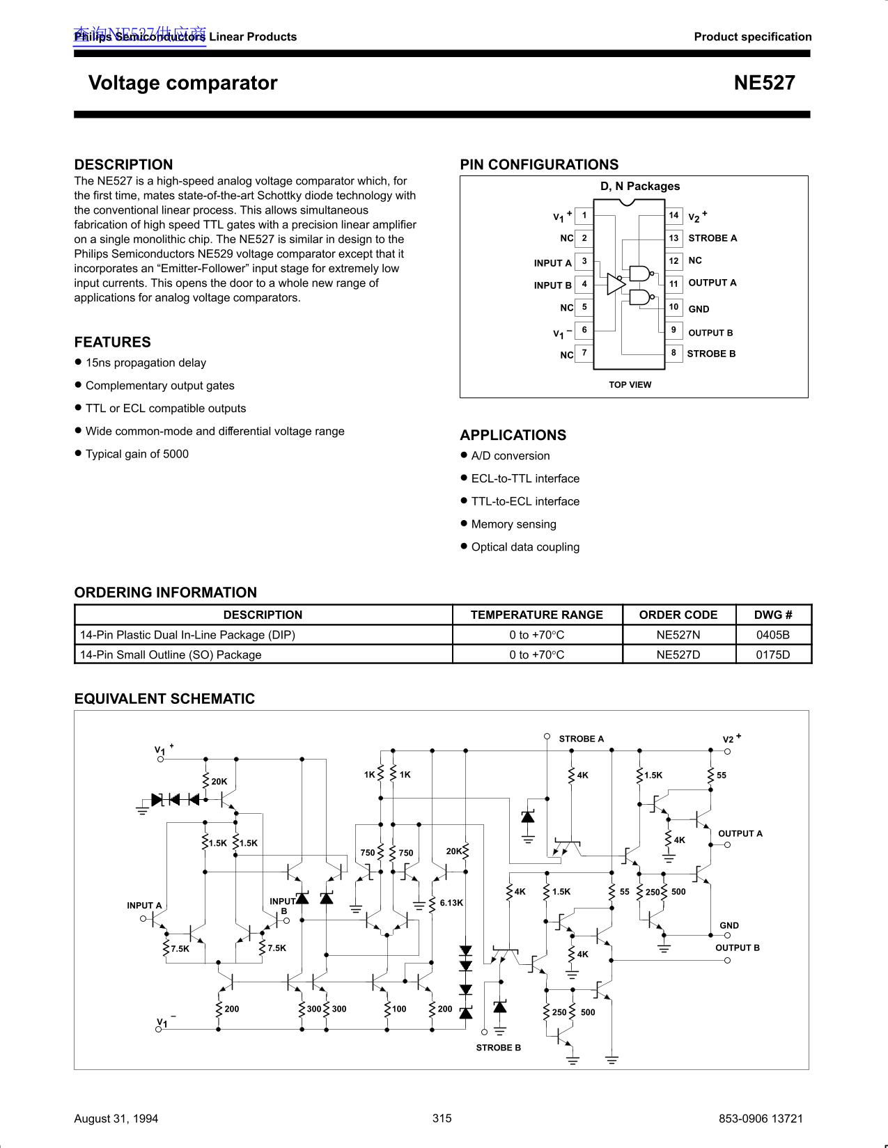 Philips Semiconductors Voltage Comparator NE527 Data Sheet - Page 1
