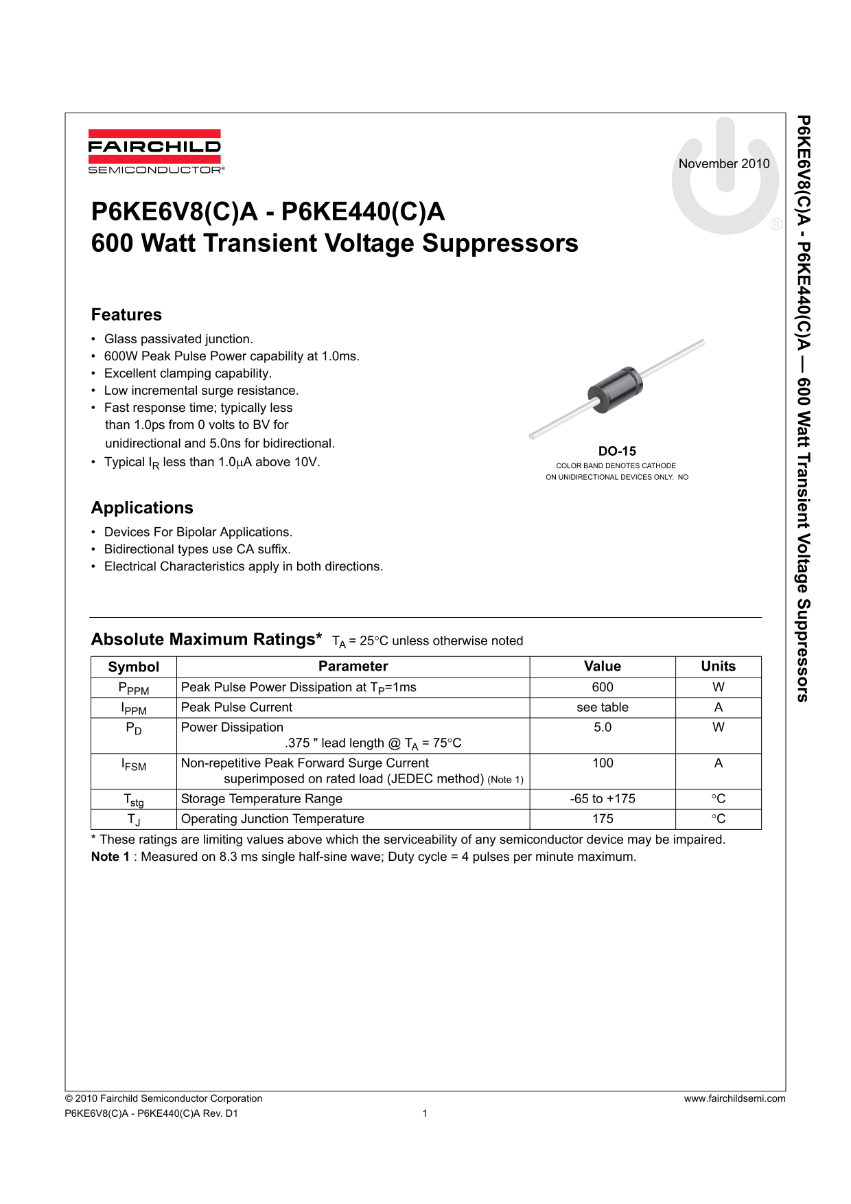 Fairchild P6KE6V8(C)A - P6KE440(C)A Data Handbook - Page 1
