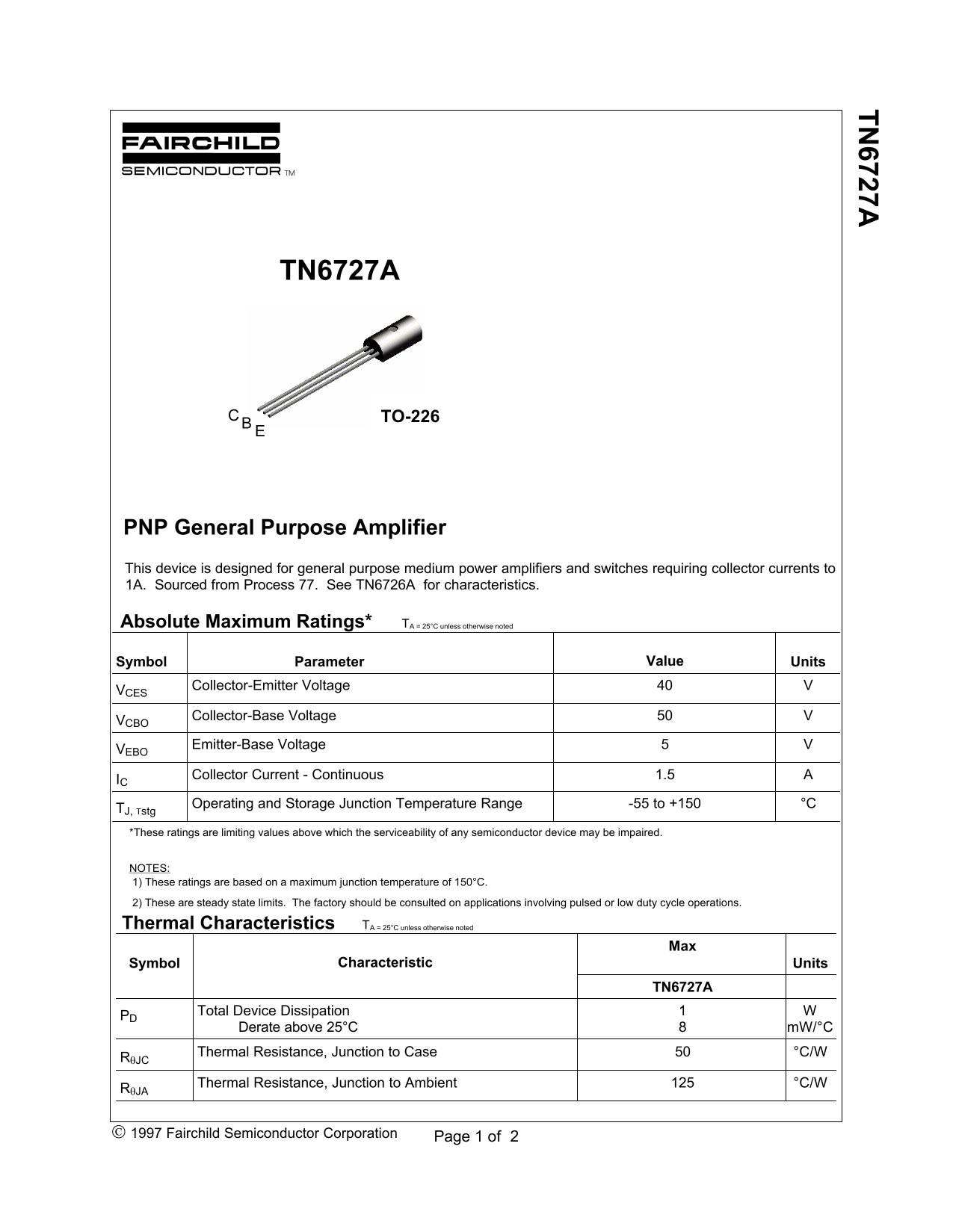 Fairchild TN6727A PNP General Purpose Amplifier Data Handbook - Page 1