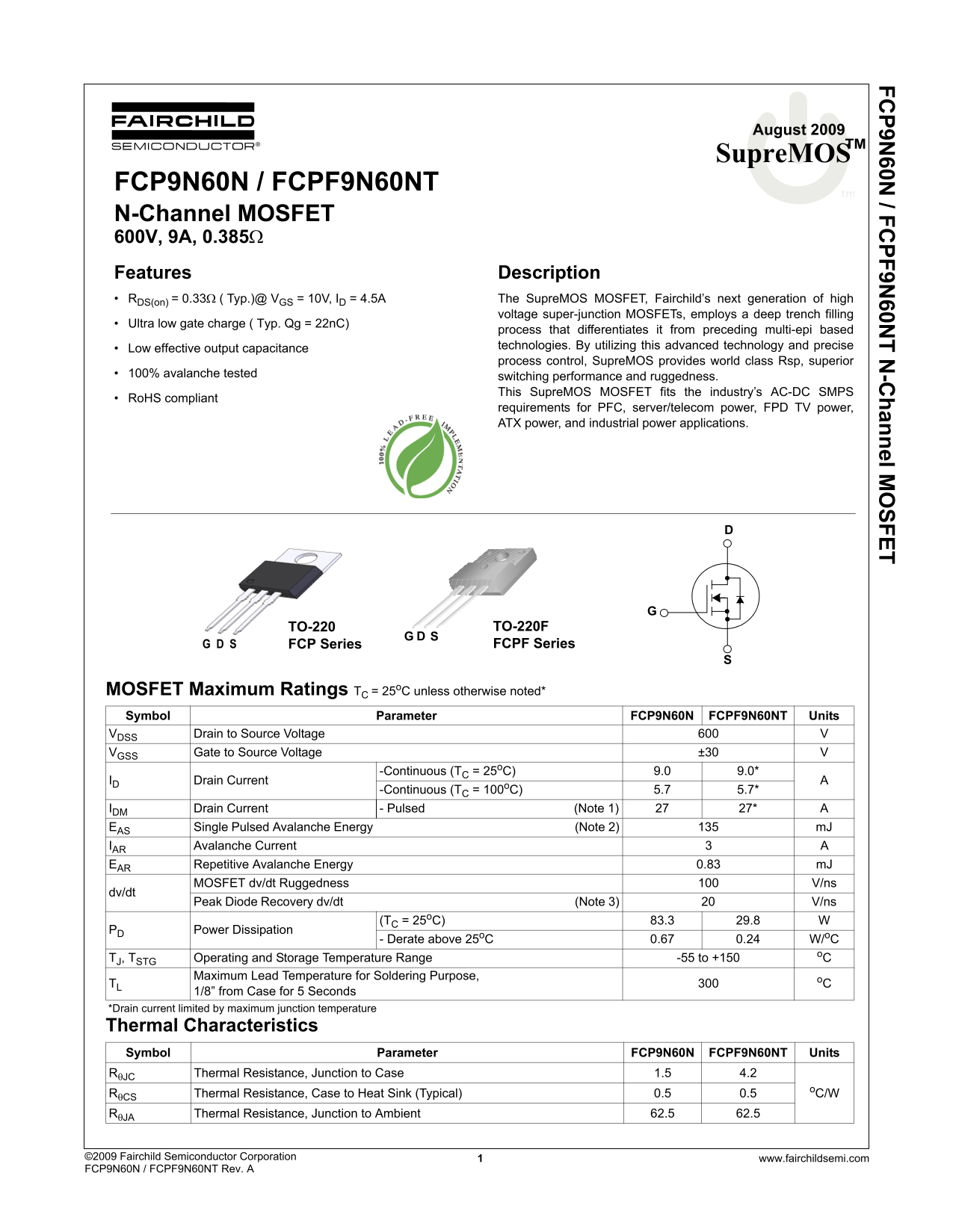 Fairchild FCP9N60N FCPF9N60NT Specification Sheet - Page 1