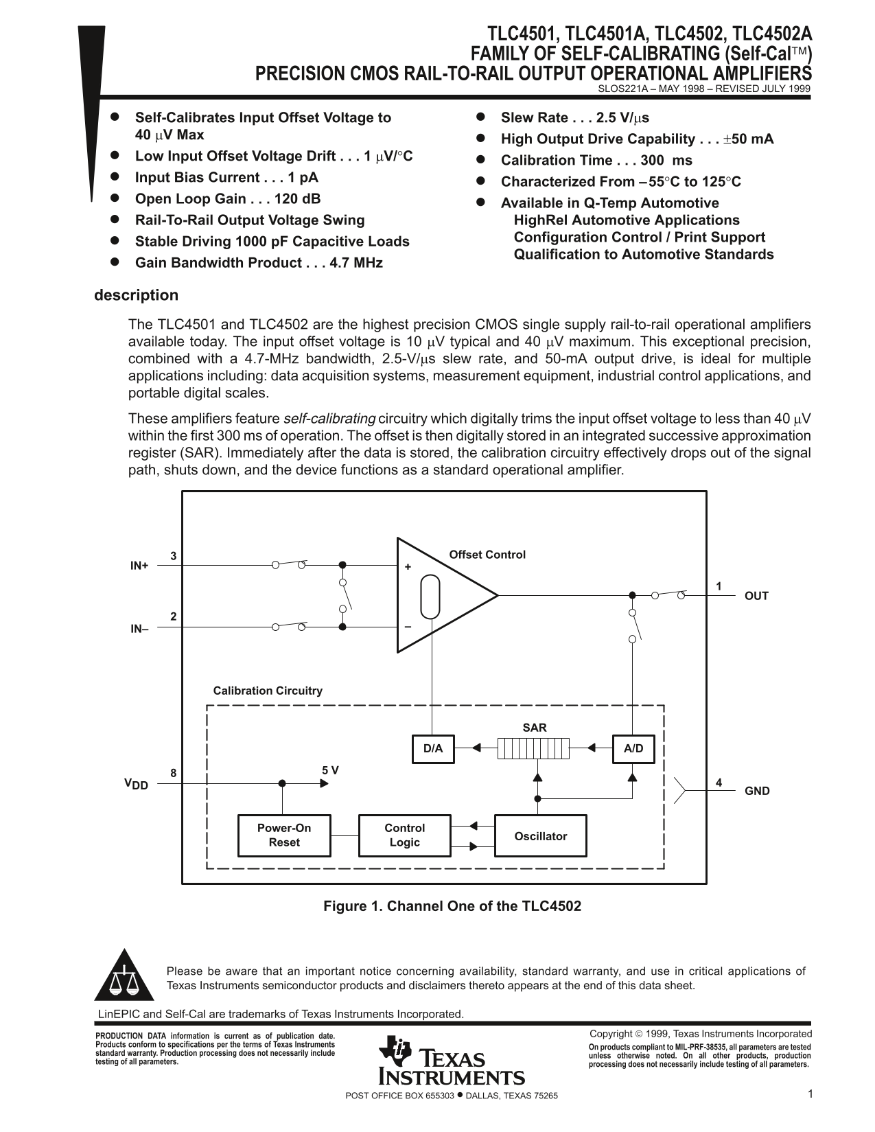 Texas Instruments TLC4501, TLC4501A, TLC4502, TLC4502A Family of Self-Calibrating (Self-Cal) Precision CMOS Rail-to-Rail Output Operational Amplifiers datasheet user manual - Page 1