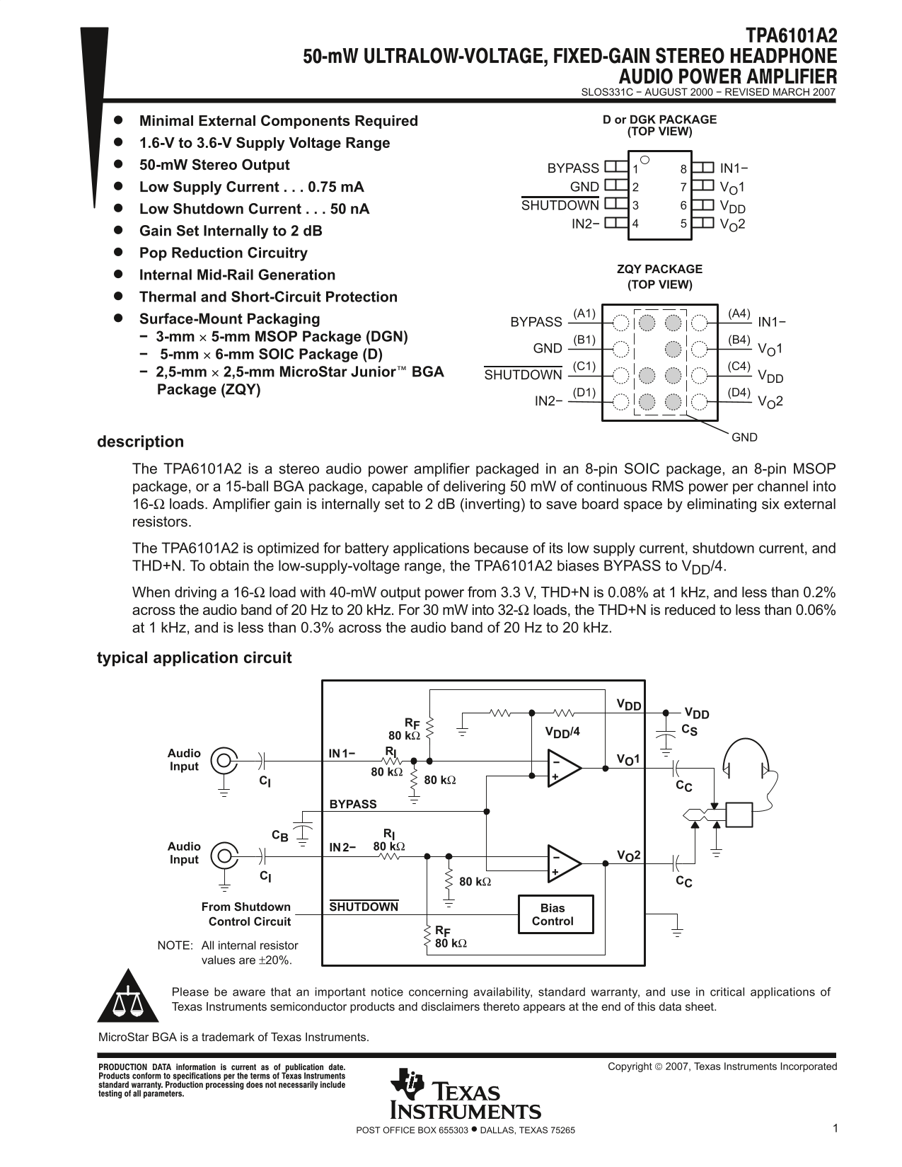 Texas Instruments TPA6101A2 Data Sheet - Page 1