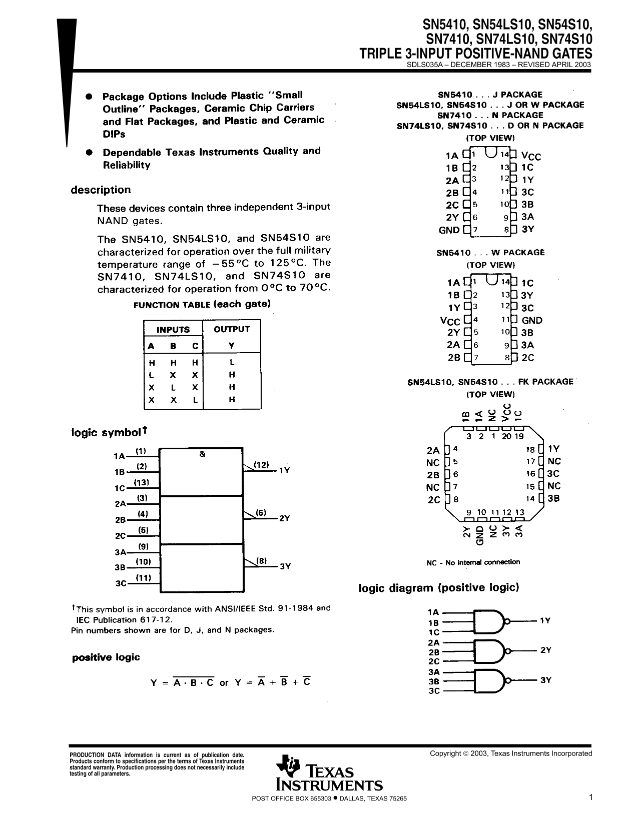 Texas Instruments SN5410 SN54LS10 Data Sheet manual specifications guide - Page 1
