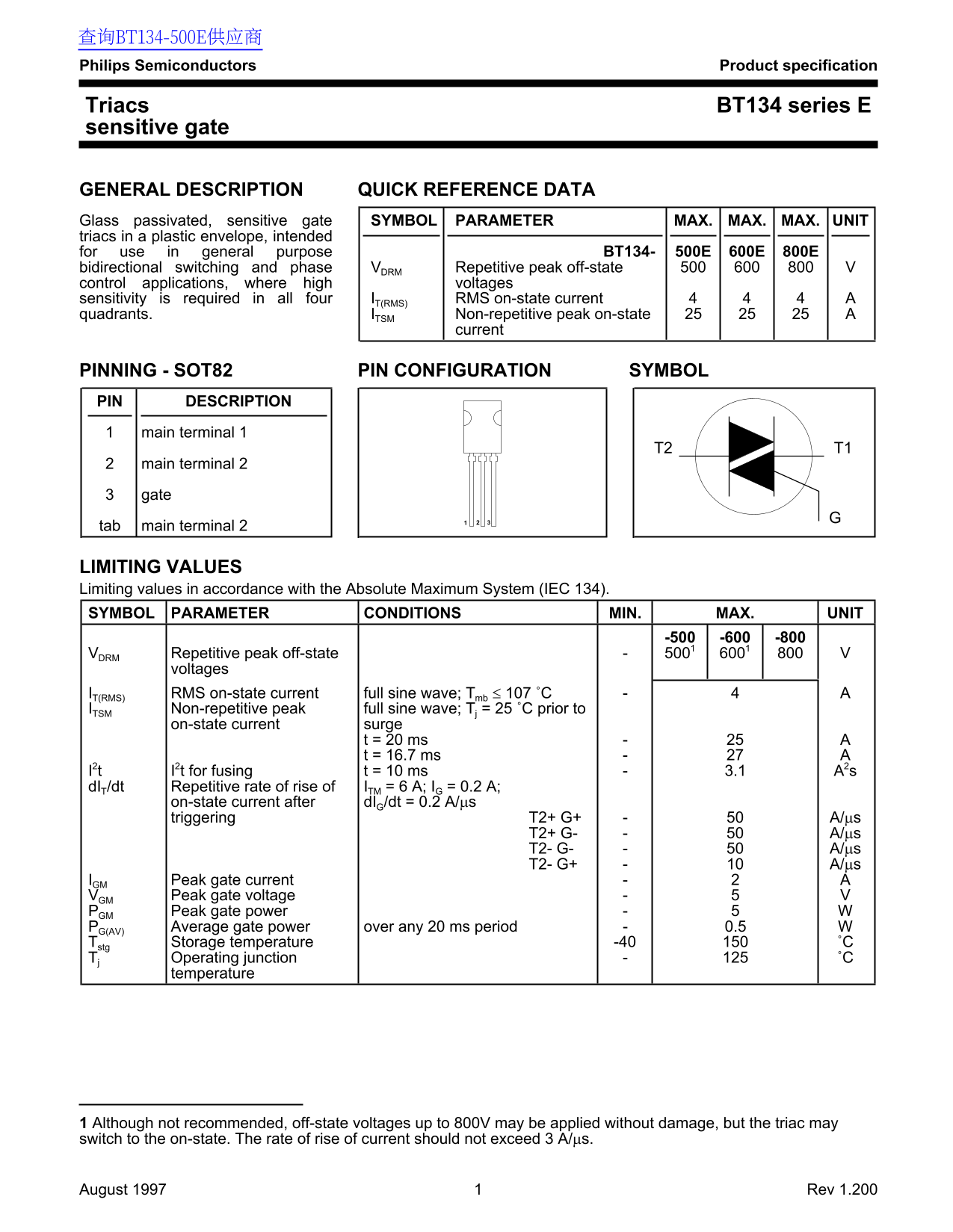 PHILIPS BT134 series E User's Guide Data Sheet - Page 1