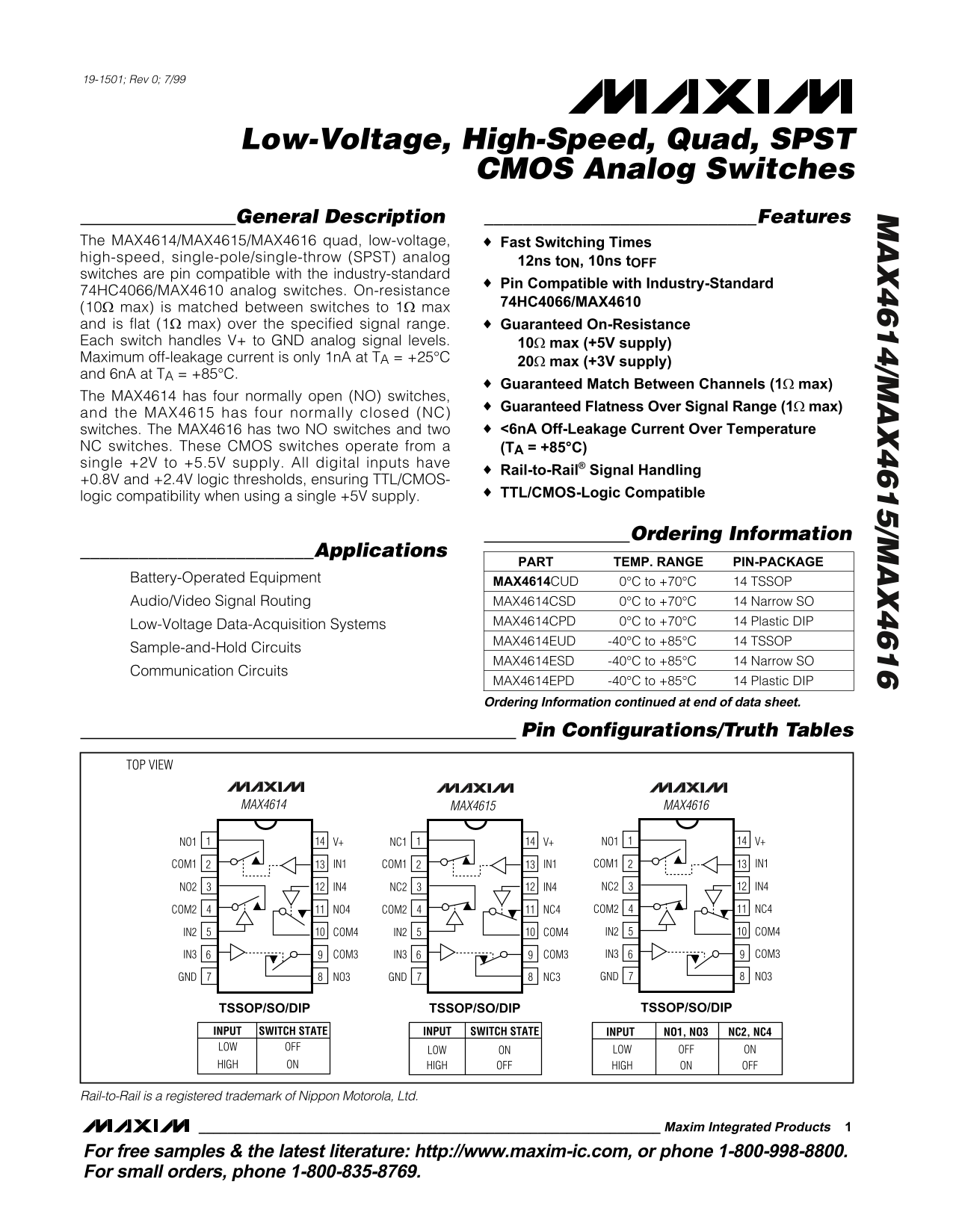 Dell MAXIM MAX4614 MAX4615 MAX4616 Low- Voltage, High-Speed, Quad, SPST CMOS Analog Switches Data Manual User Guide - Page 1