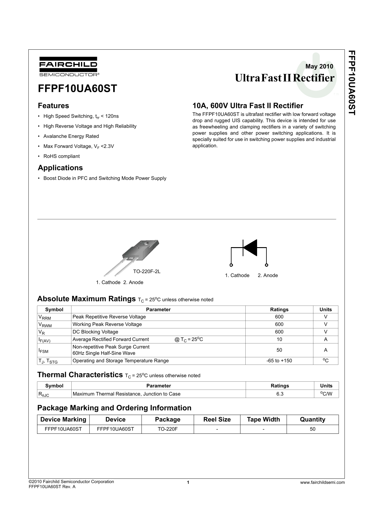 FFPF10UA60ST Fairchild Ultra Fast II Rectifier Data Handbook - Page 1