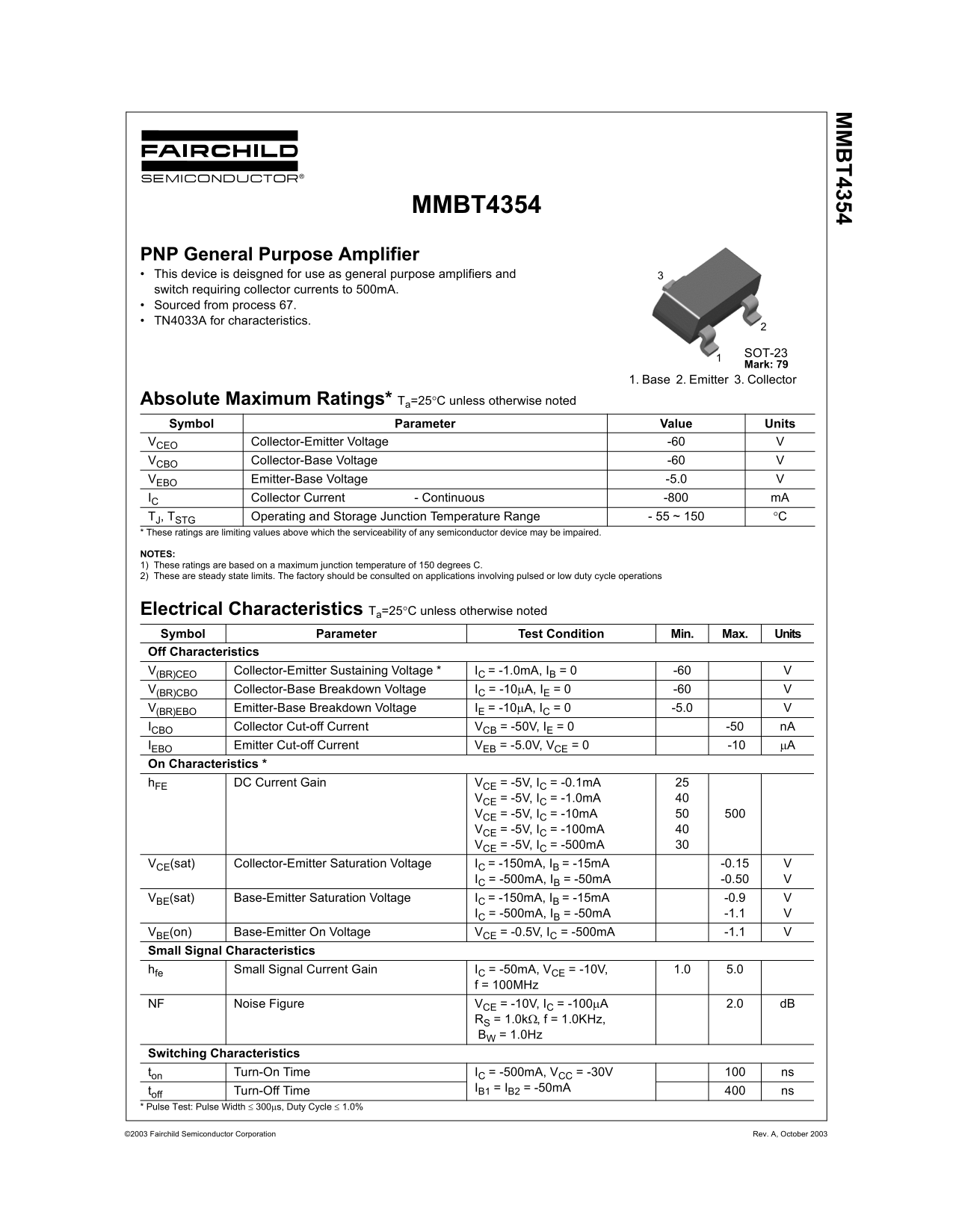 Fairchild MMBT4354 PNP General Purpose Amplifier Data Sheet - Page 1