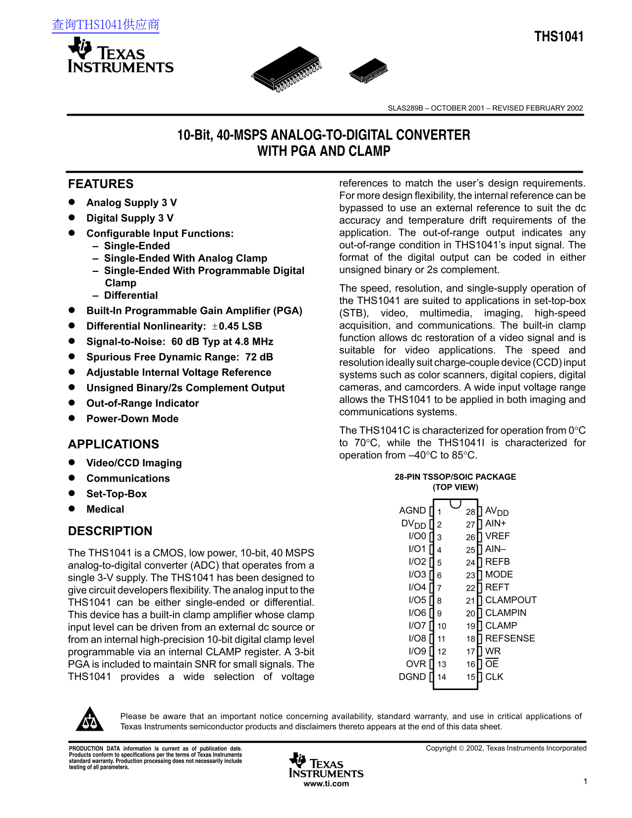 Texas Instruments THS1041 Data Sheet / Manual - Page 1