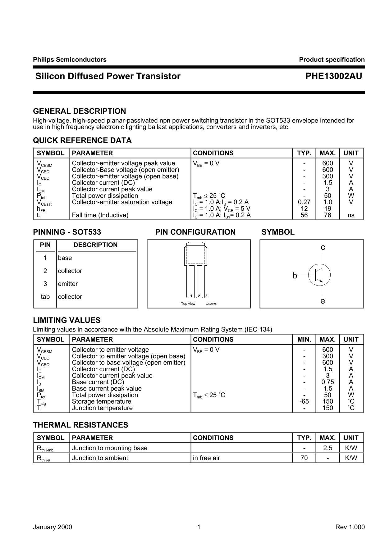 Philips Semiconductors PHE13002AU Data Handbook - Page 1