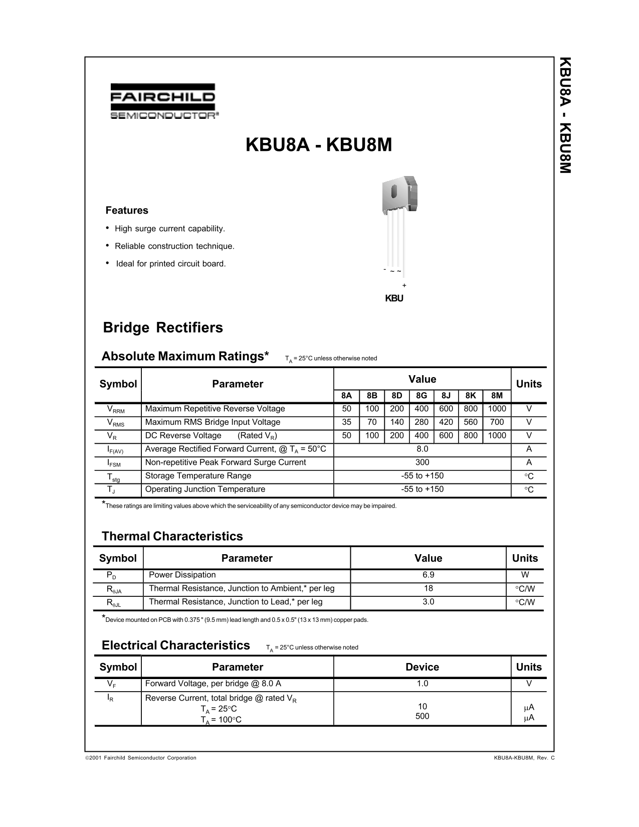Fairchild KBU8A - KBU8M Data Handbook - Page 1