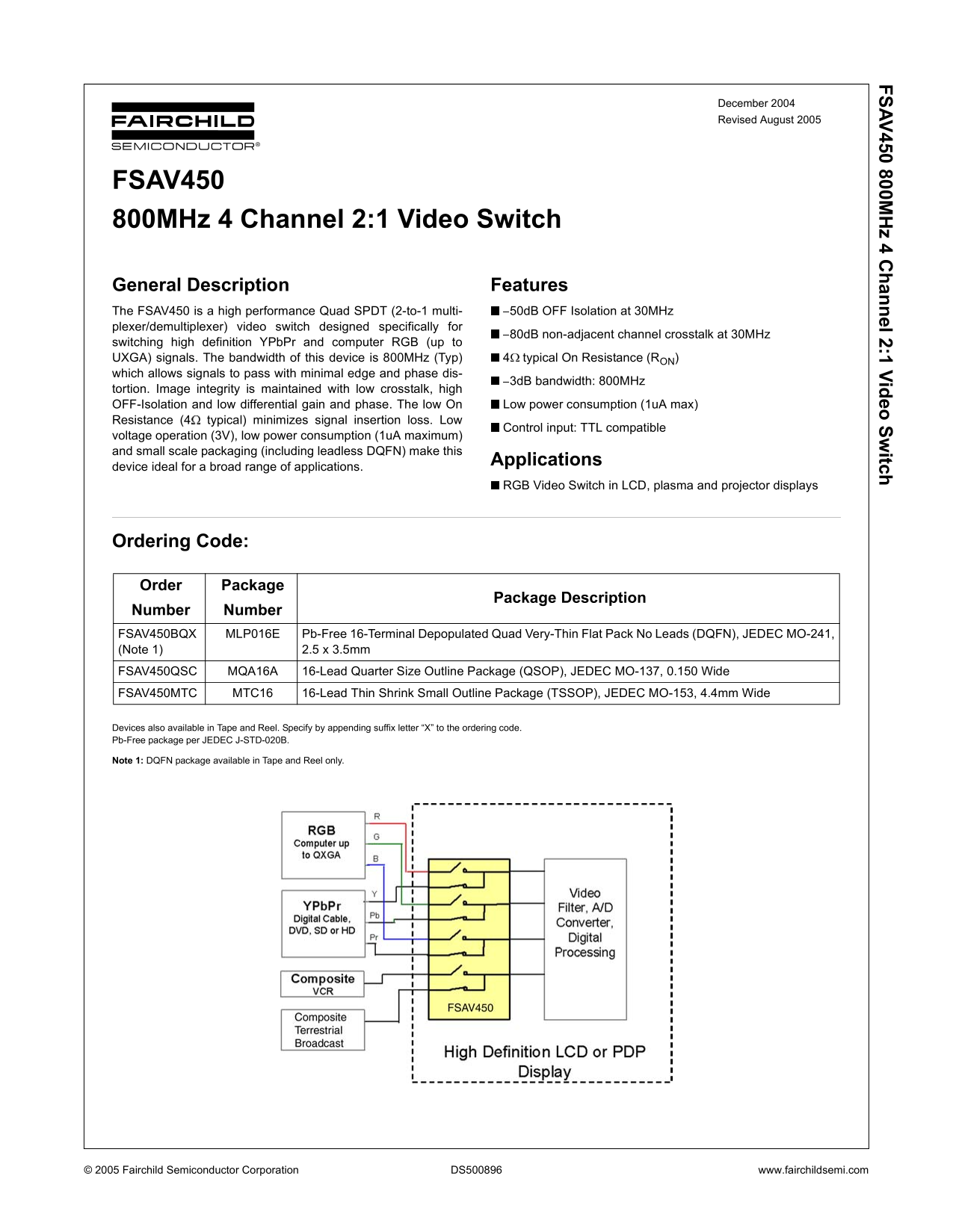 FAIRCHILD SEMICONDUCTOR FSAV450 800MHz 4-Channel 2-in/1-out Video Switch Owner's Manual - Page 1