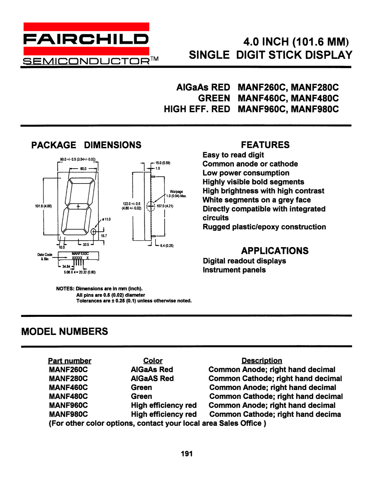 FAIRCHILD MANF260C, MANF280C, MANF460C, MANF480C, MANF960C, MANF980C SINGLE DIGIT STICK DISPLAY Owner's Manual - Page 1