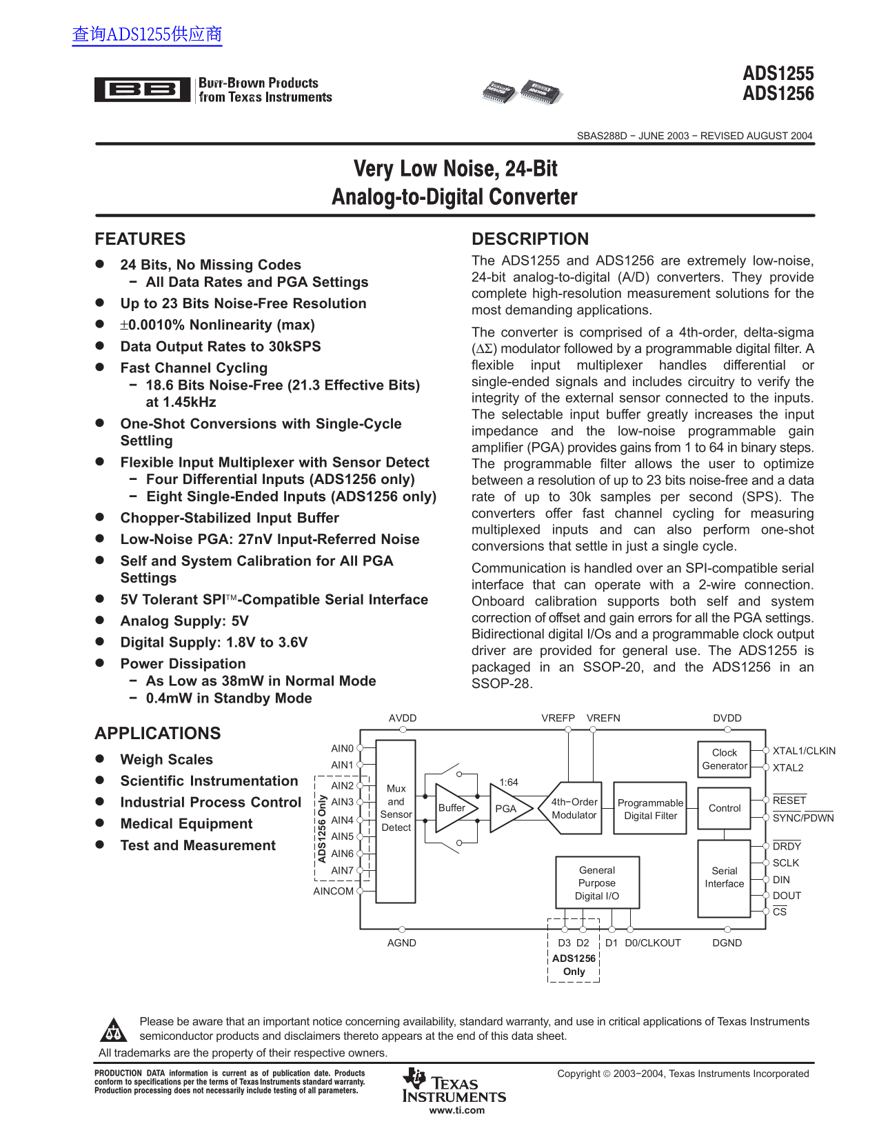 Texas Instruments ADS1255 ADS1256 Data Sheet - Page 1