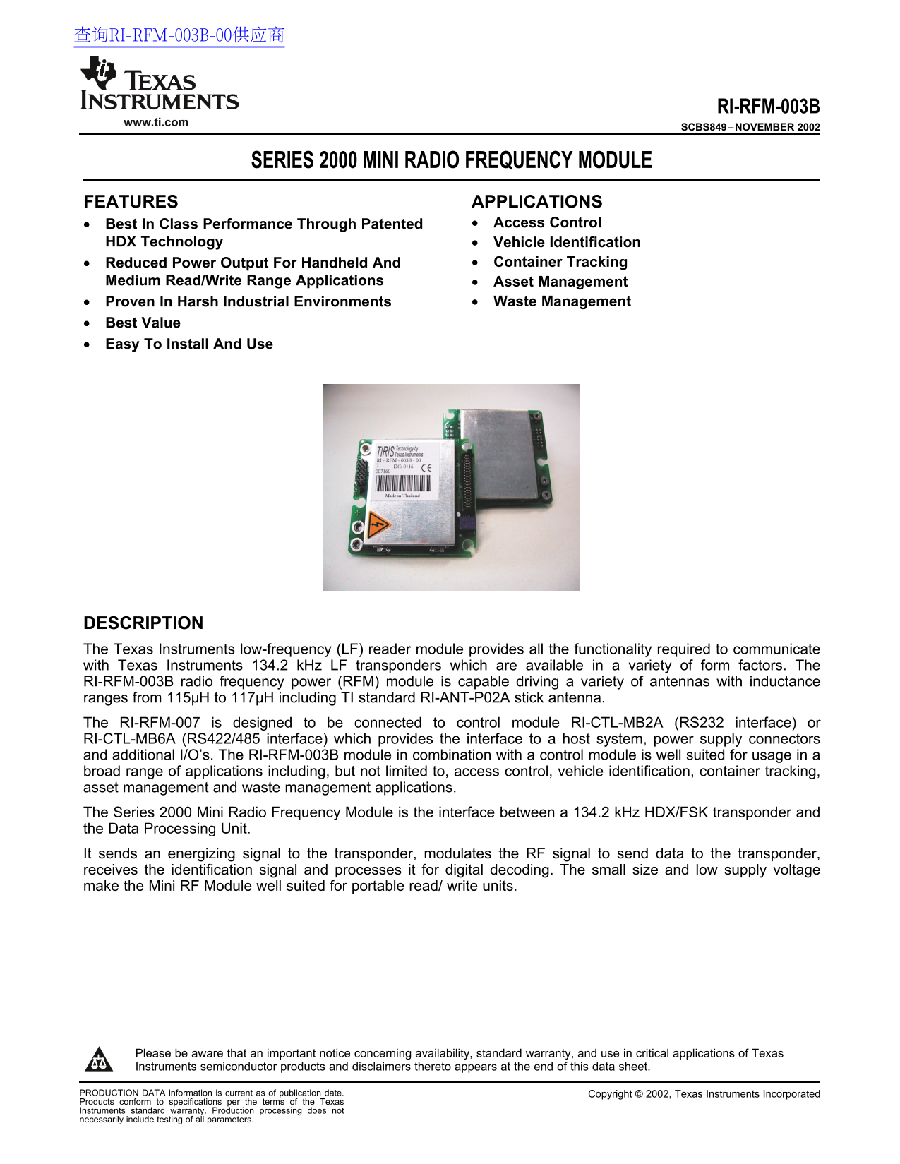 Texas Instruments Series 2000 Mini Radio Frequency Module Data Sheet - Page 1