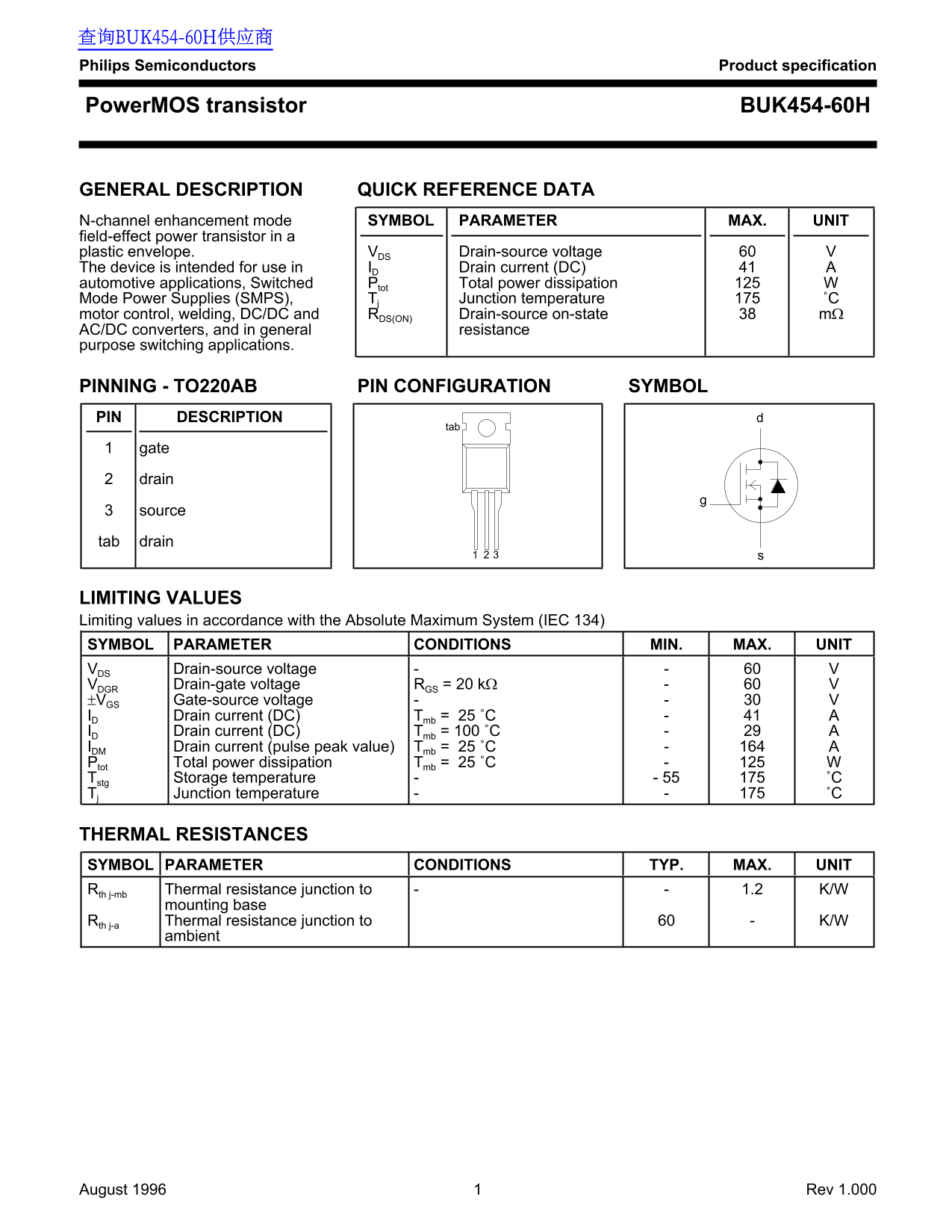 Philips PowerMOS Transistor BUK454-60H Data Handbook - Page 1