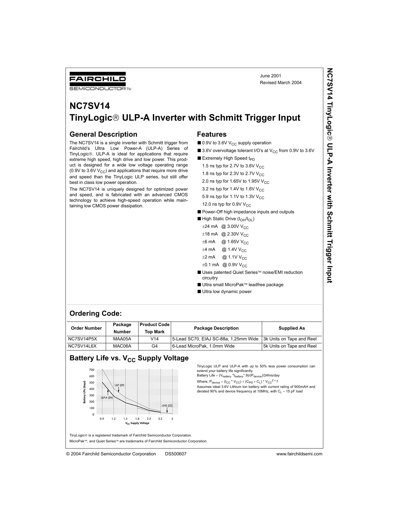 Fairchild NC7SV14 TinyLogic ULP- A Inverter with Schmitt Trigger Input Data Sheet - Page 1
