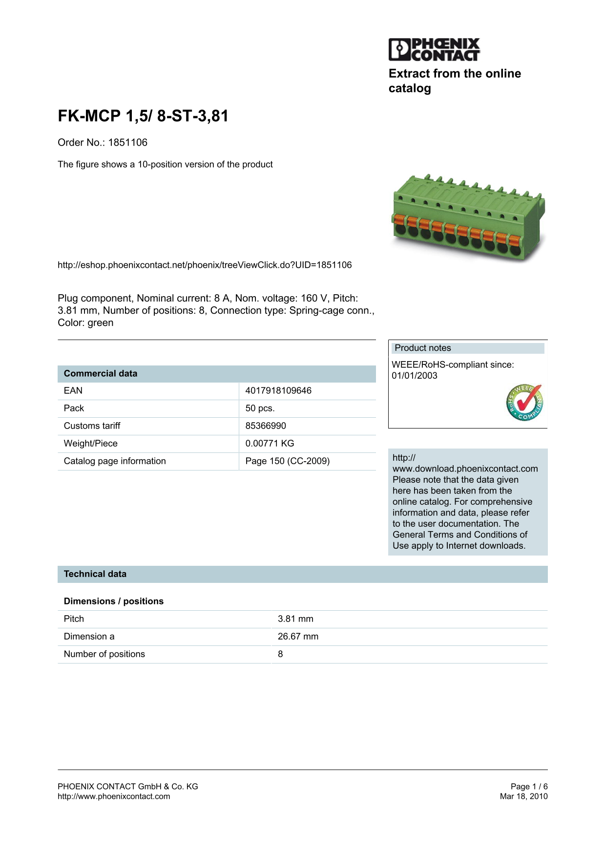 Phoenix Contact - FK-MCP 1.5 8-ST-3.81 Data Handbook / Instructions Manual - Page 1