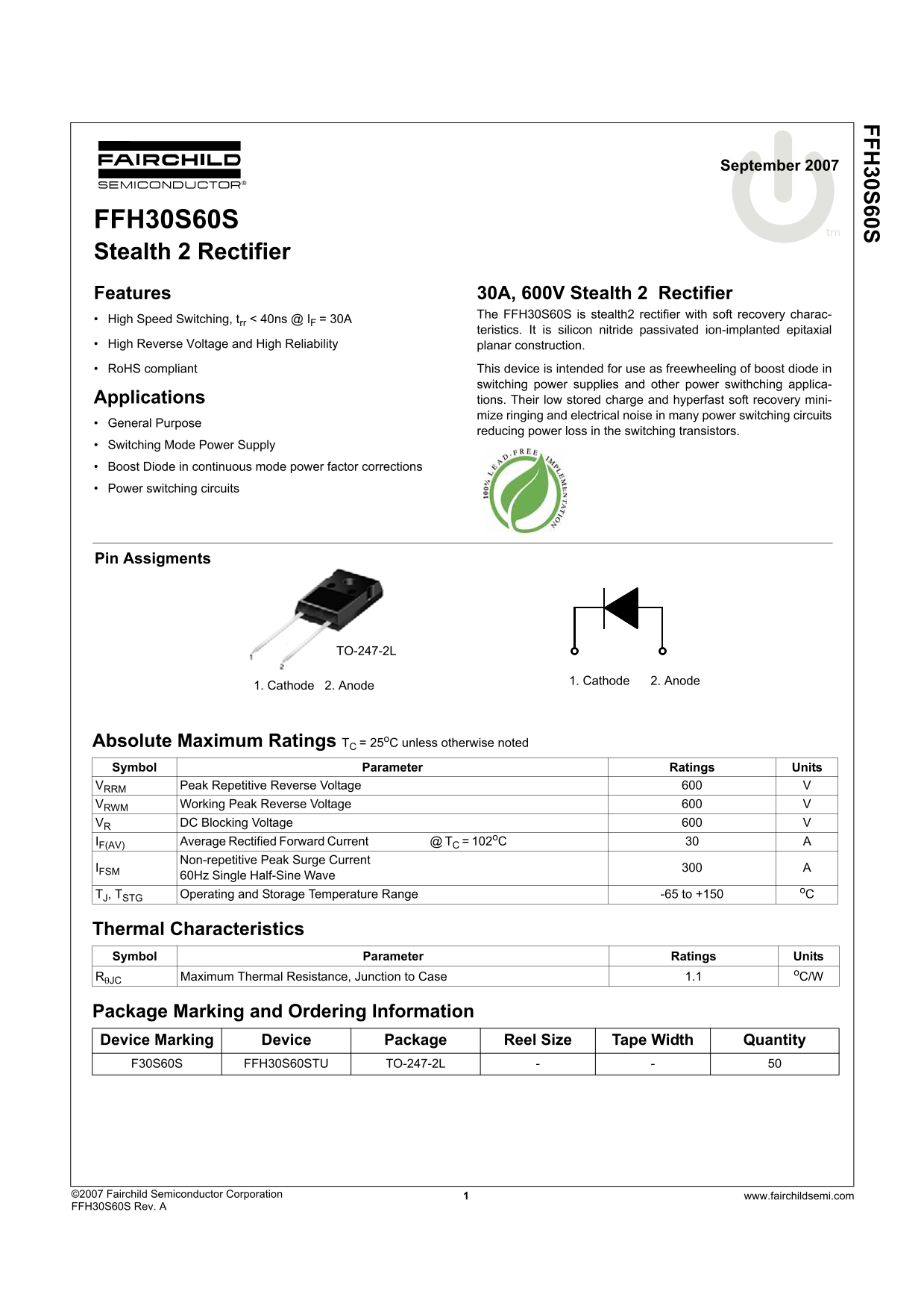Fairchild FFH30S60S Stealth 2 Rectifier Data Handbook - Page 1