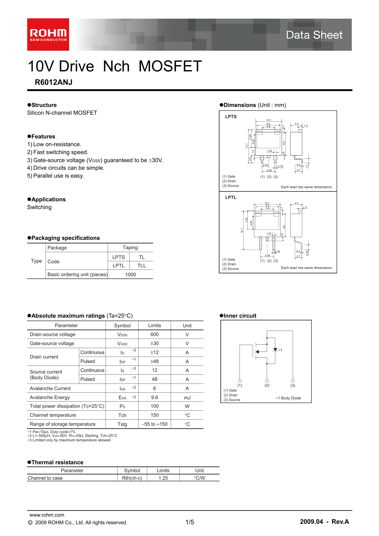 ROHM R6012ANJ User Guide - Page 1