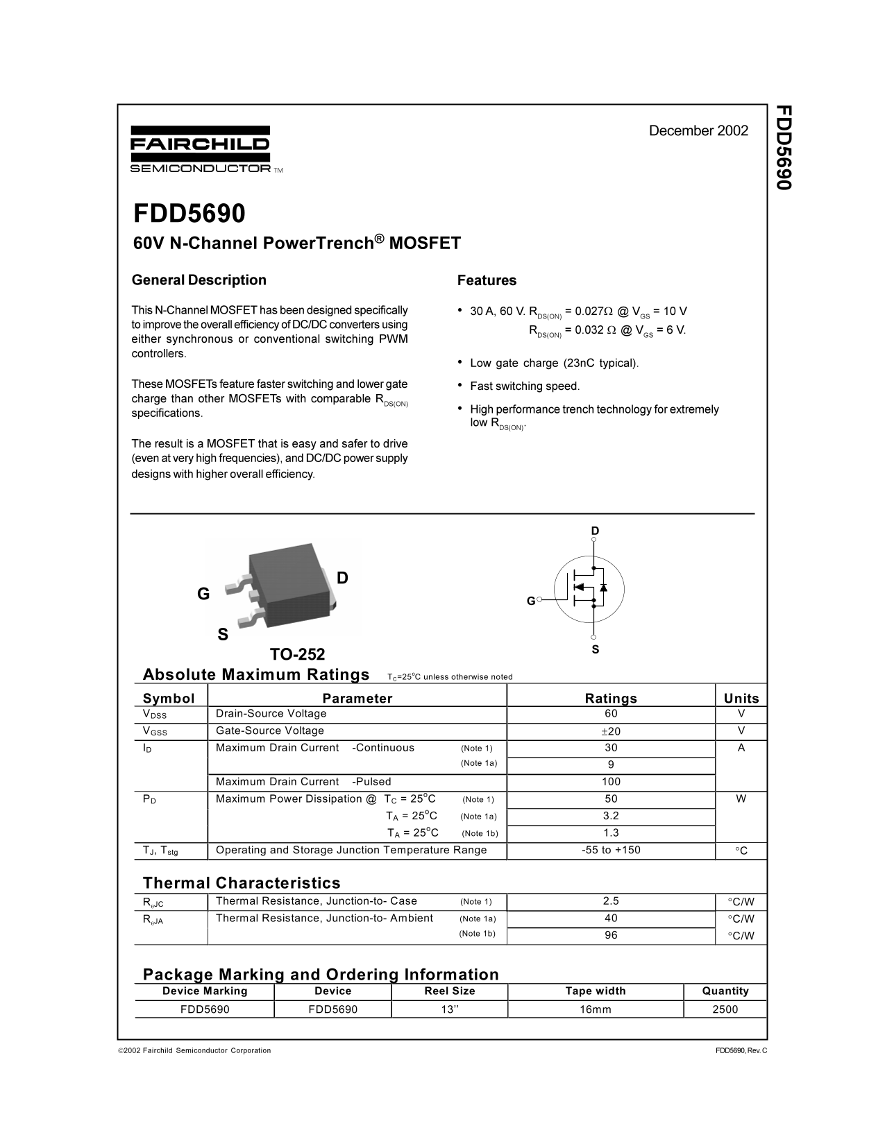 Fairchild FDD5690 60V N-Channel PowerTrench MOSFET Data Manual - Page 1