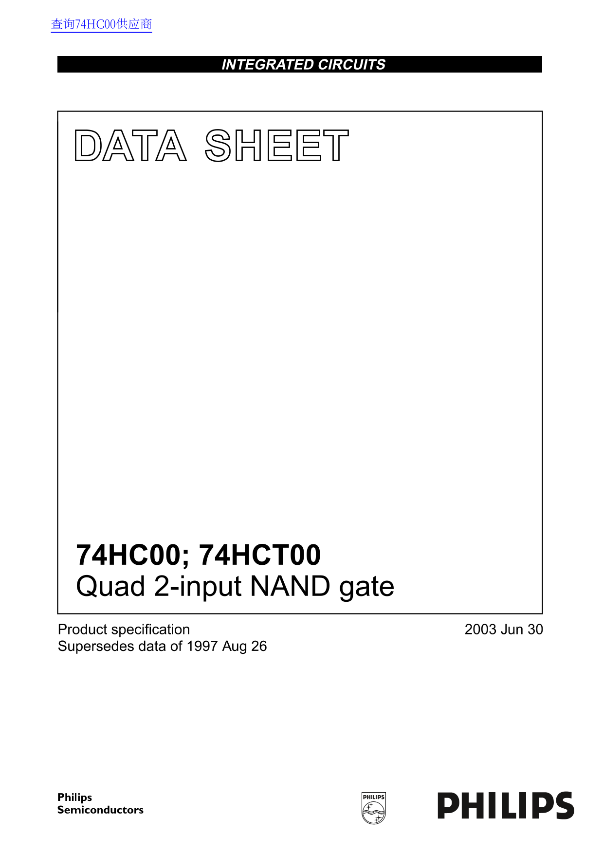 PHILIPS 74HC00; 74HCT00 Quad 2-Input NAND Gate Data Manual - Page 1