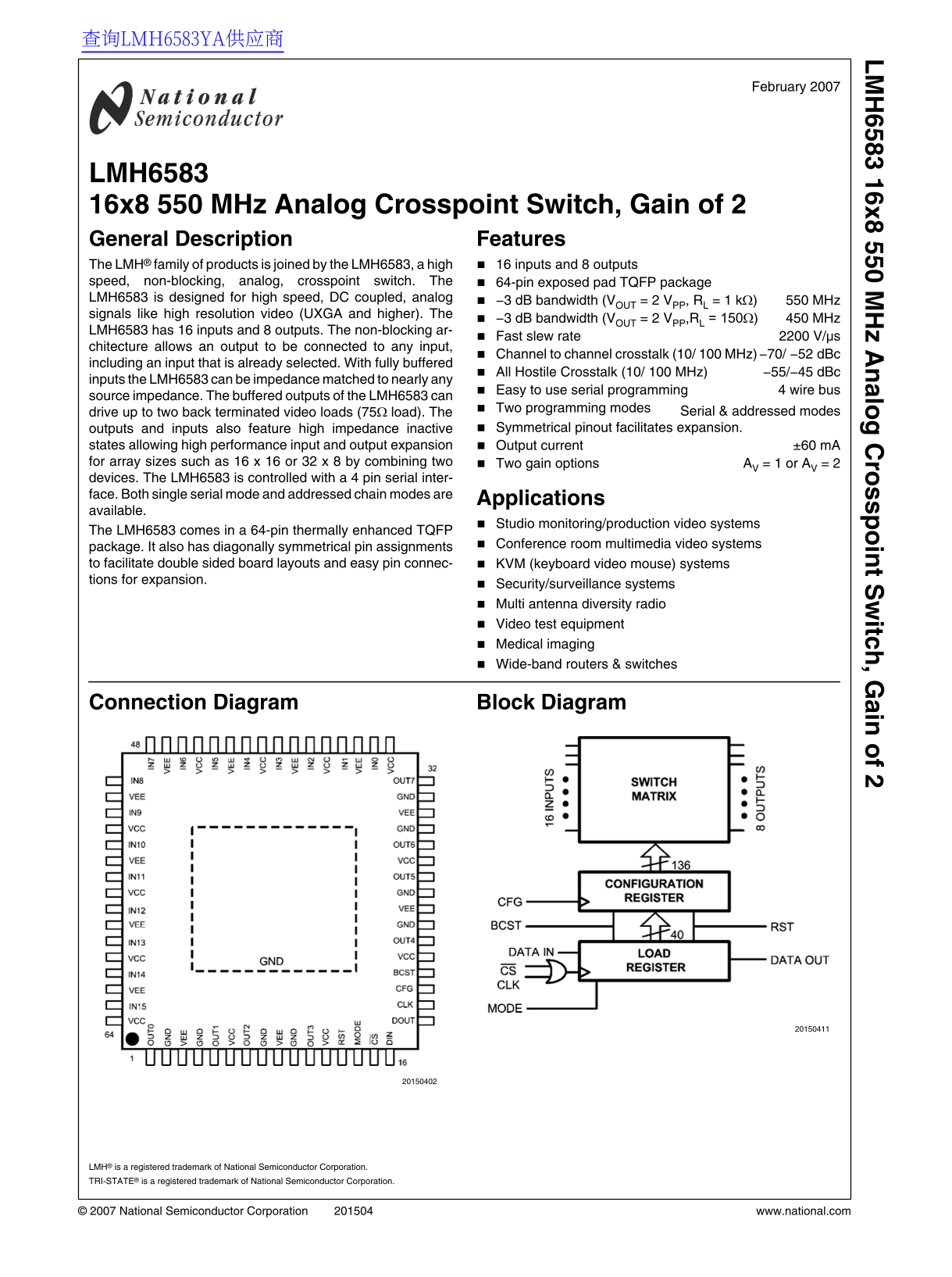 National LMH6583 Data Sheet - Page 1