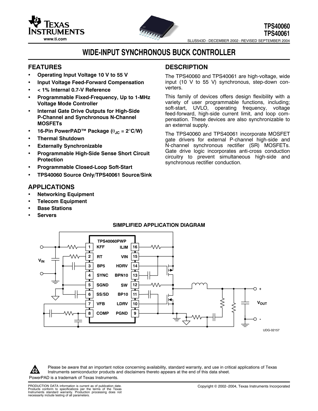 Texas Instruments TPS40060 TPS40061 Data Sheet - Page 1